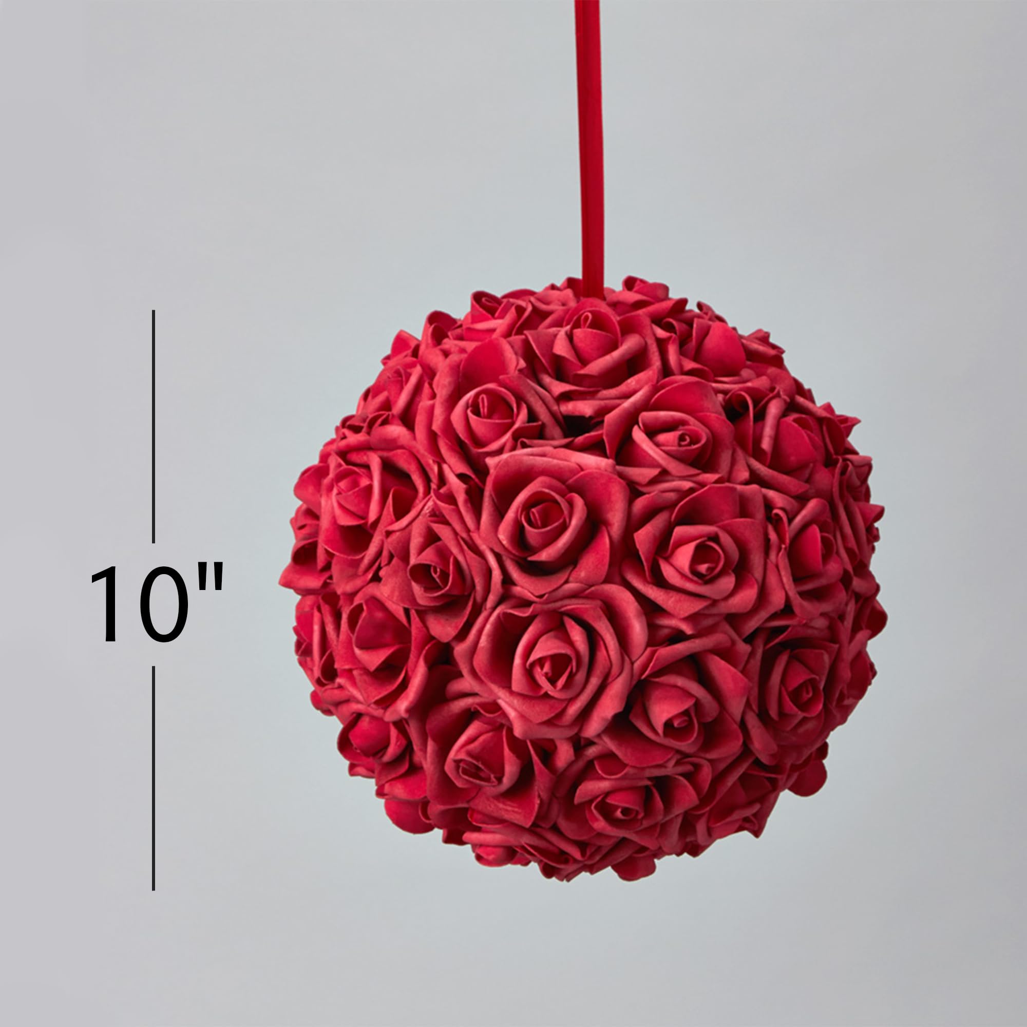 10 Inch Round Foam Pomander Rose Kissing Ball with Satin Ribbon - Elegant Wedding Decor for Hanging Centerpieces, Aisle Decorations & Bridal Showers (Red)