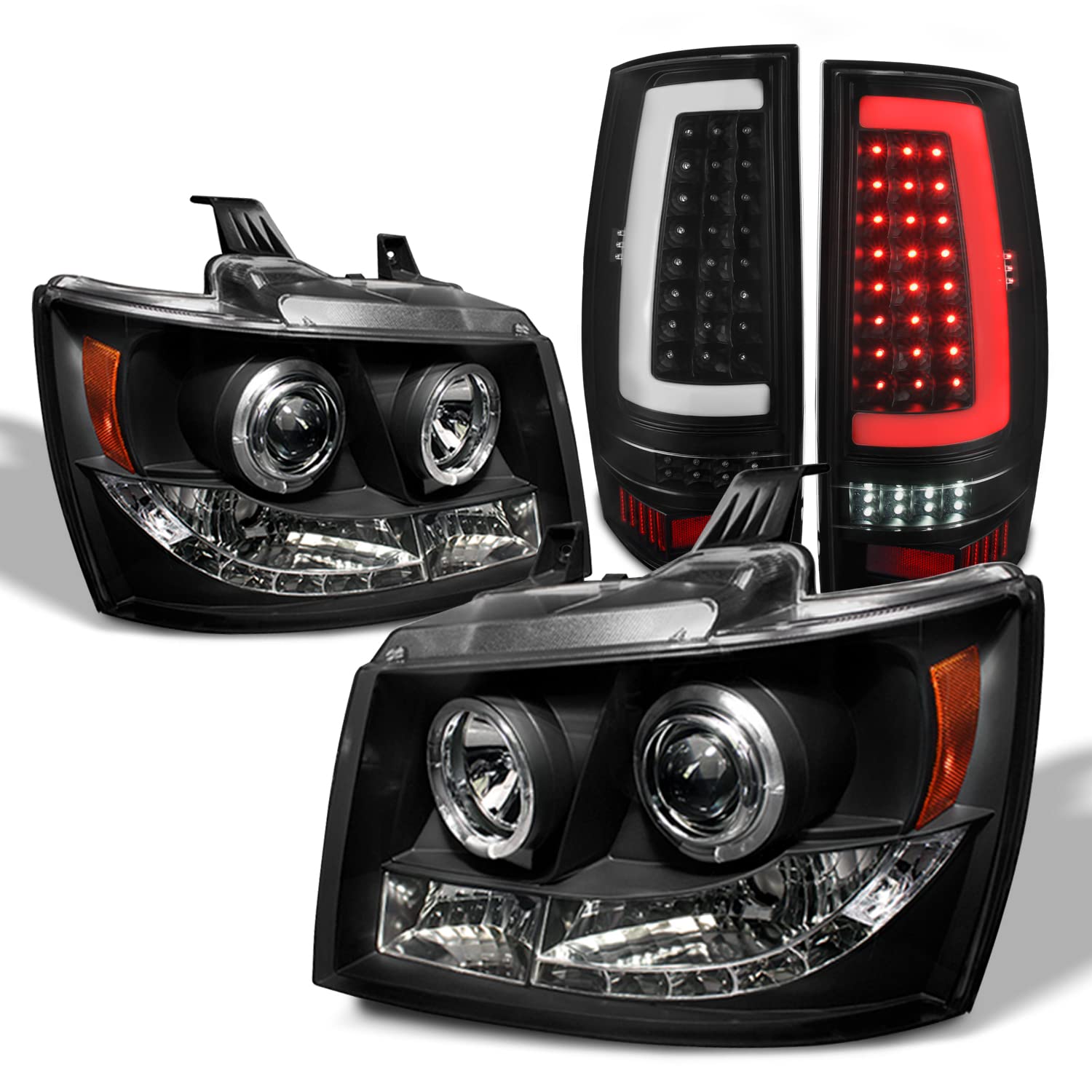 AKKON Black Halo Projector Headlights & LED C-Tube DRL Tail Lights for 2007-2014 Chevy Tahoe Suburban 1500 - High Performance Lighting Upgrade for Off-Road & Night Driving