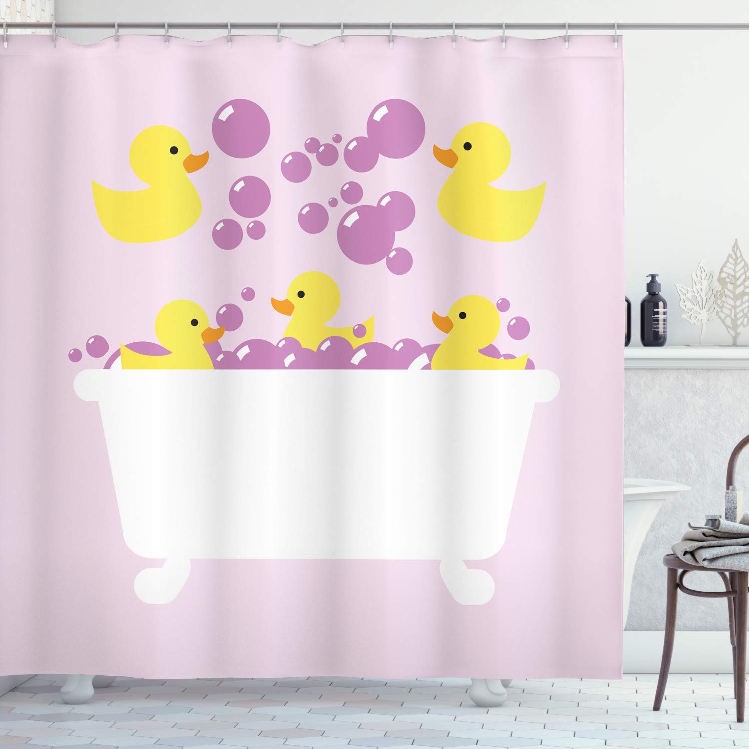 Lunarable Duckies Shower Curtain - Waterproof Fabric Bathroom Decor with Hooks, 69x70 Inches, Cute Rubber Duck & Bubble Design in Lilac Purple & Yellow - Perfect for Kids' Bathrooms, Nursery Decor or Fun Themed Bathrooms