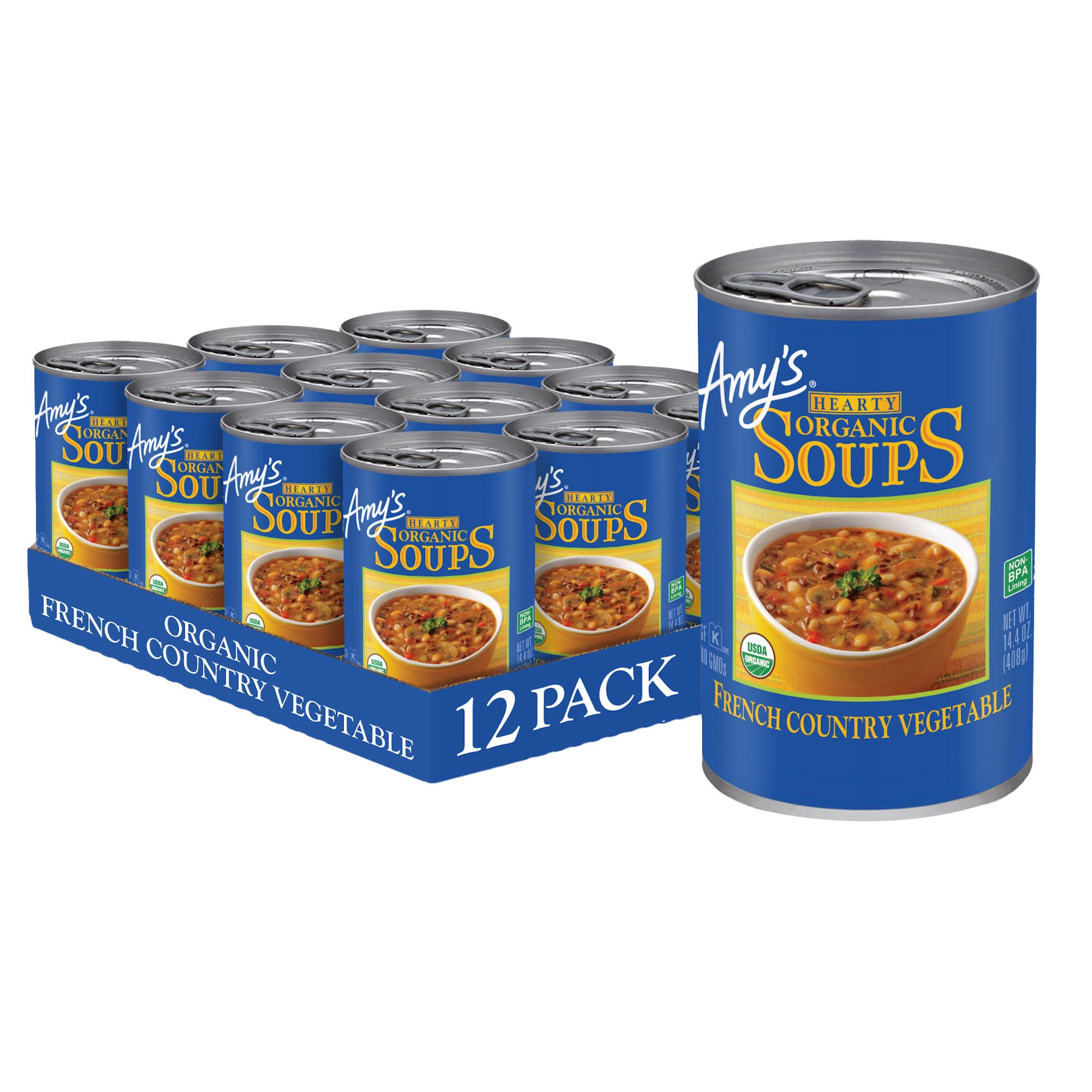 Amy's Organic Vegan Hearty French Country Vegetable Soup - Gluten Free, Non-GMO, 14.4 Oz (12 Pack) | Made with Organic Rice, Vegetables & Herbs | Perfect for Quick Lunches, Camping & Emergency Food Storage