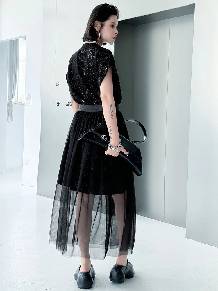 Black Sequin Mesh Dress 2-Piece Set Round Neck Short Sleeve Women's Fashion Outfit for Spring Summer 2025 | Perfect for Parties, Weddings & Night Out