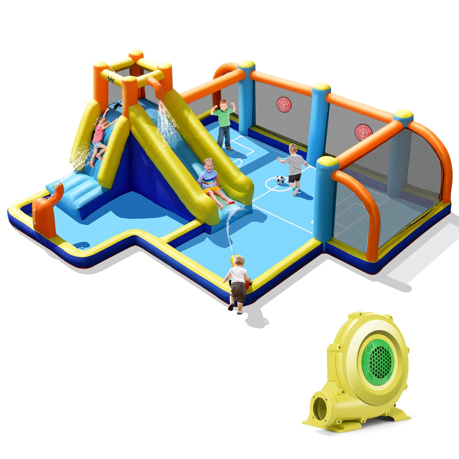 **HONEY JOY Inflatable Water Slide with Soccer Goals - Giant Bounce House for Outdoor Water Park, Splash Pool & Climbing Fun - Blow Up Water Slides for Kids & Adults - Backyard Party & Summer Activities (Includes 735W Blower)**