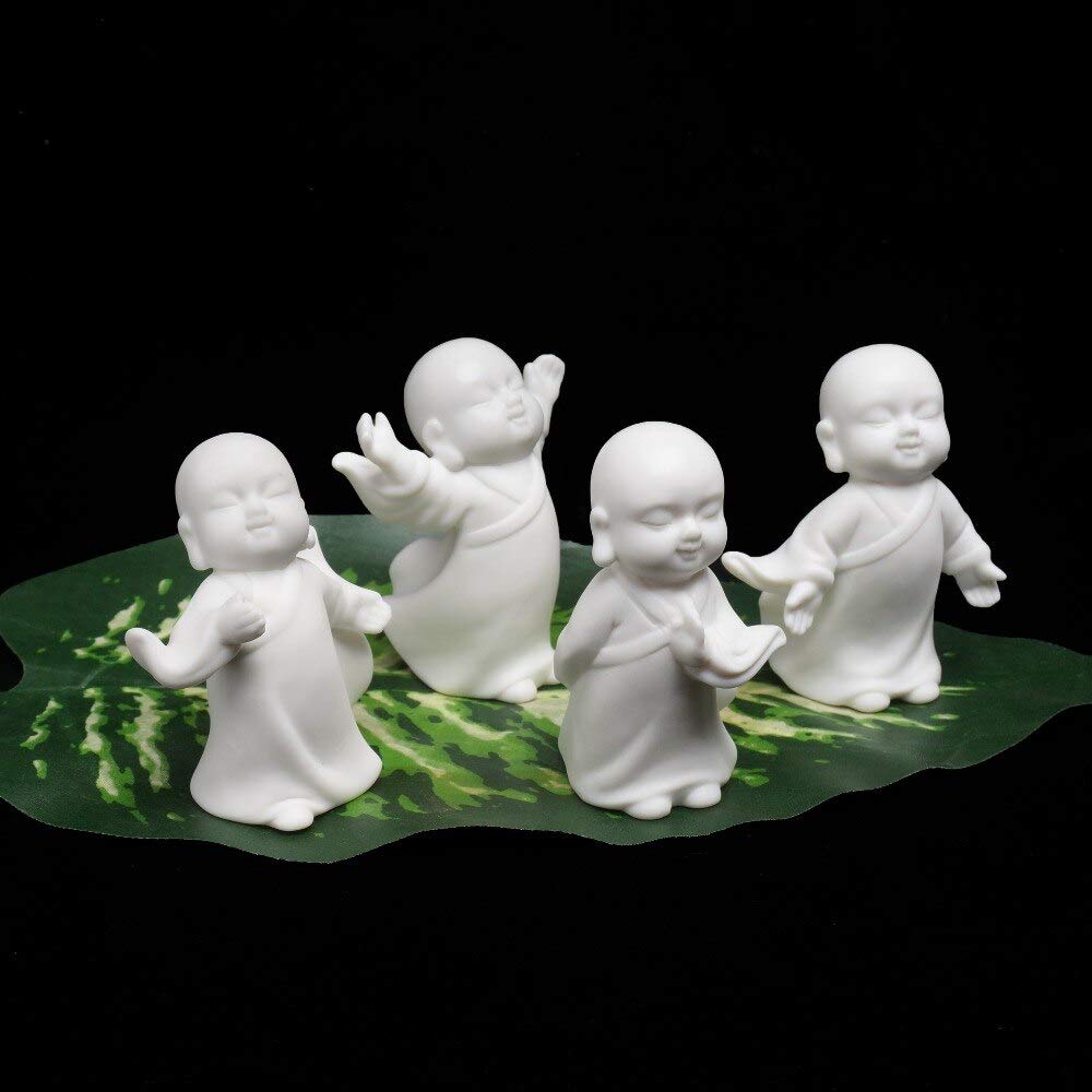 LILOVE Small Buddha Statue Monk Figurine - 4pcs Handmade Ceramic Yoga Decor, Indian Tea Pet & Meditation Ornament for Home, Office, Zen Garden Decor