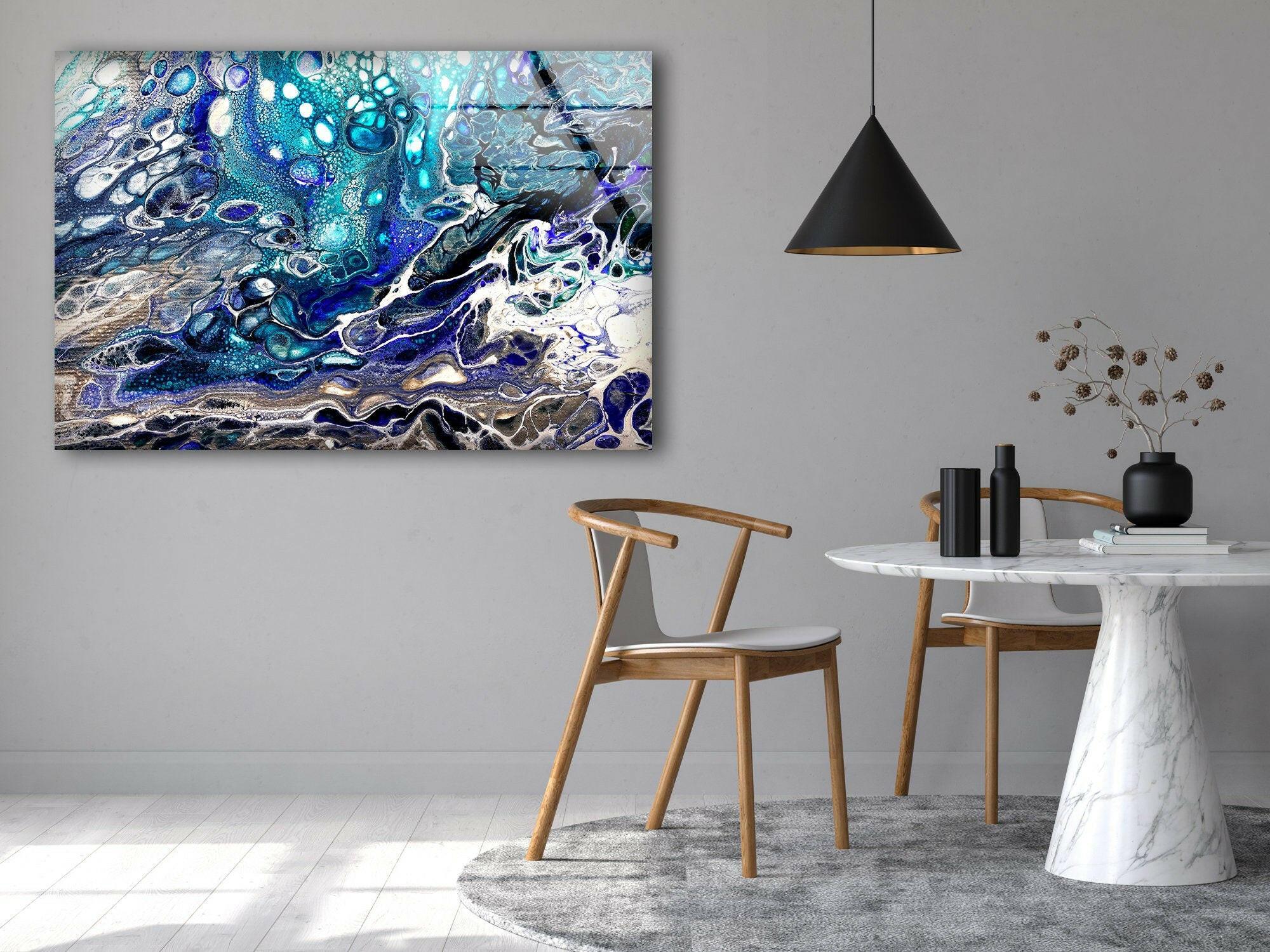 Turquoise Blue Alcohol Ink Glass Wall Art - Handmade Modern Abstract Home Decor for Living Room, Bedroom, Office
