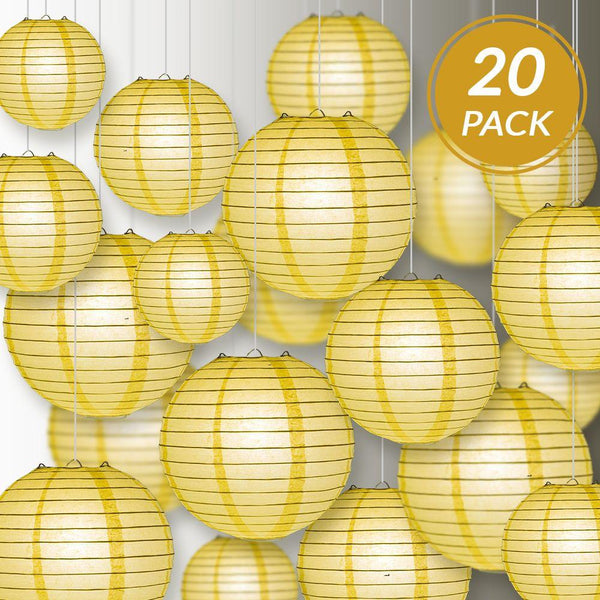 12 Pack 16 Inch Lemon Yellow Chiffon Parallel Ribbed Round Paper Lanterns for Party Decorations, Wedding Centerpieces & Home Decoration