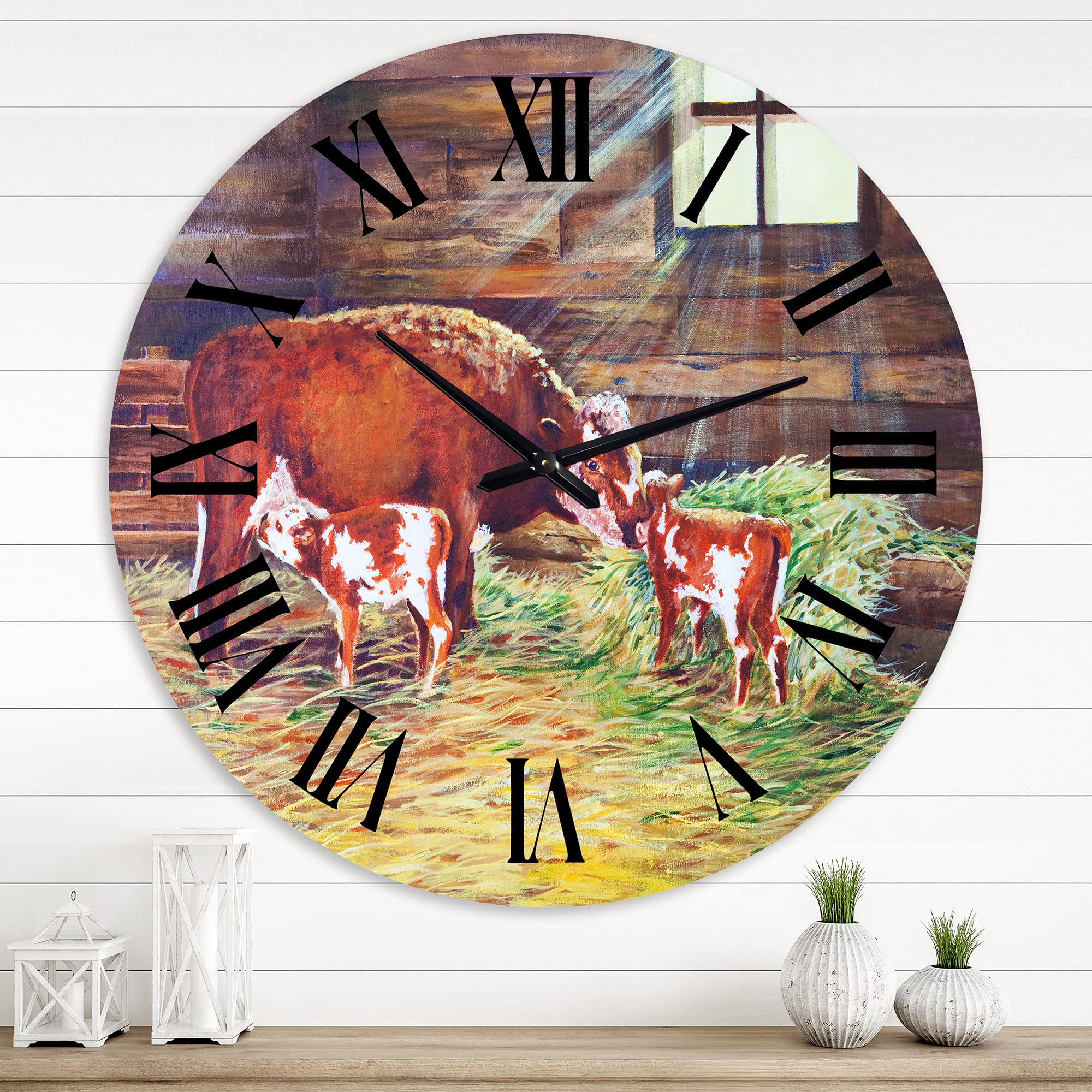 Farmhouse Wall Clock - 'Newborn Twin Calves at The Farm' Large Rustic Animal Wall Decor for Living Room, Bedroom & Kitchen | Perfect for Country Home, Cabin & Farmhouse Style Décor