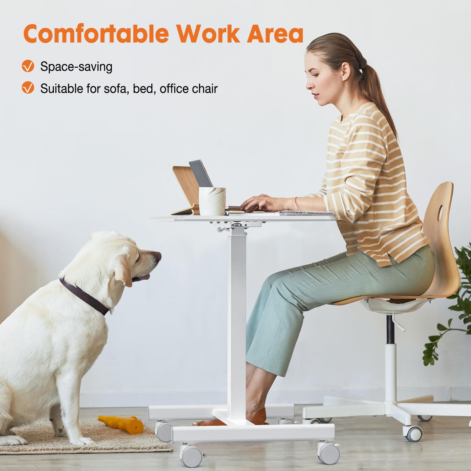 Sweetcrispy Small Mobile Standing Desk with Wheels - Adjustable Height Rolling Laptop Computer Cart for Home Office - Portable Workstation for Small Spaces, Dorm Rooms & Office Use - White