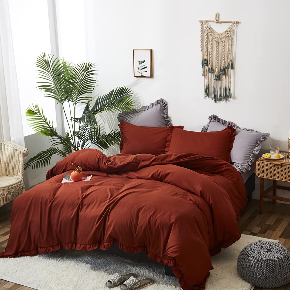 CLOTHKNOW King Size Burnt Orange Boho Comforter Set - 3 Piece Ruffle Terracotta Bedding with Soft Caramel Accents | Rustic Farmhouse Style for Cozy Bedroom Decor