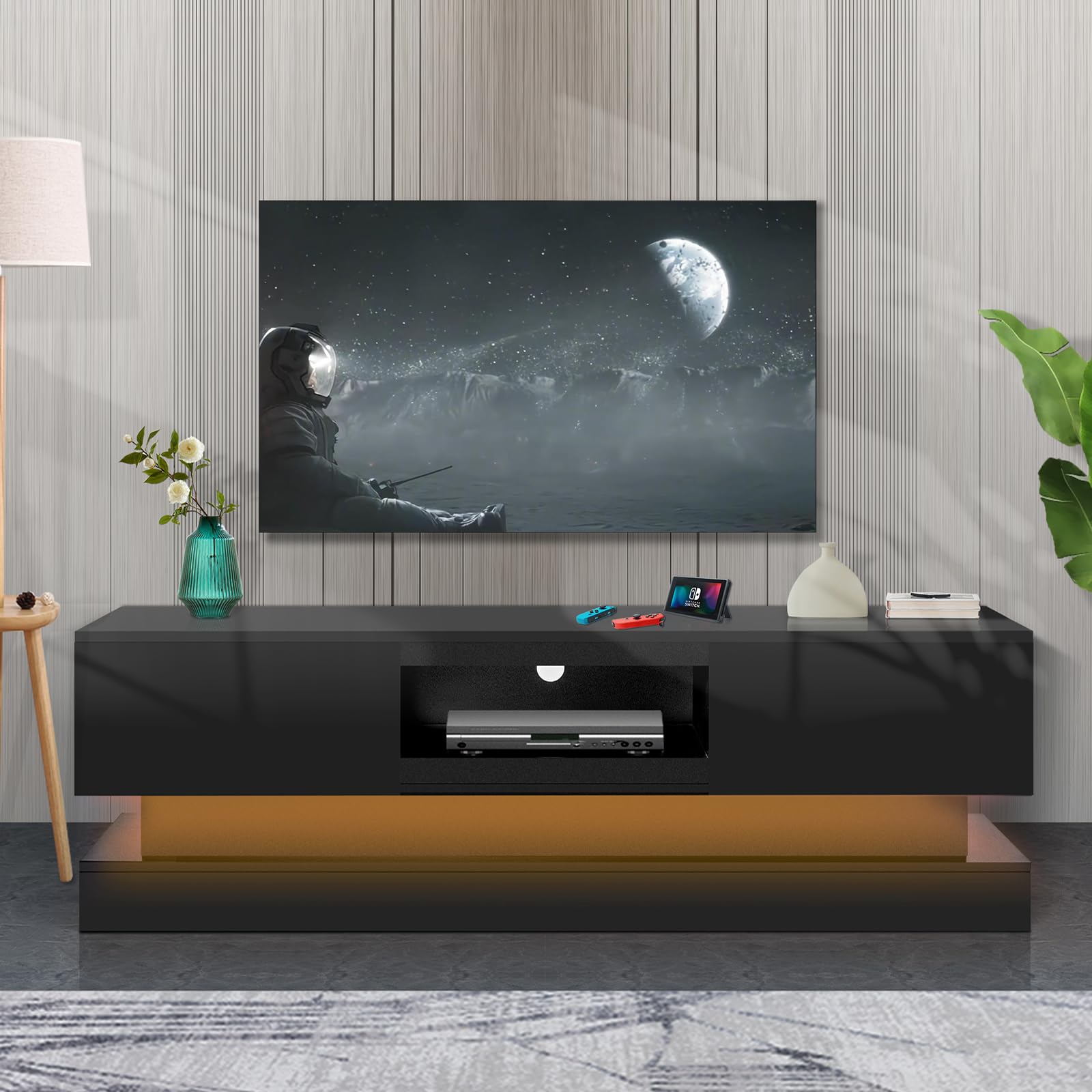 Modern Fohufo LED TV Stand with Drawers & Lights - High Glossy Entertainment Center for 60+ Inch TVs - Gaming & Living Room Furniture - Black | Perfect for Bedroom, Living Room & Home Theater Setup