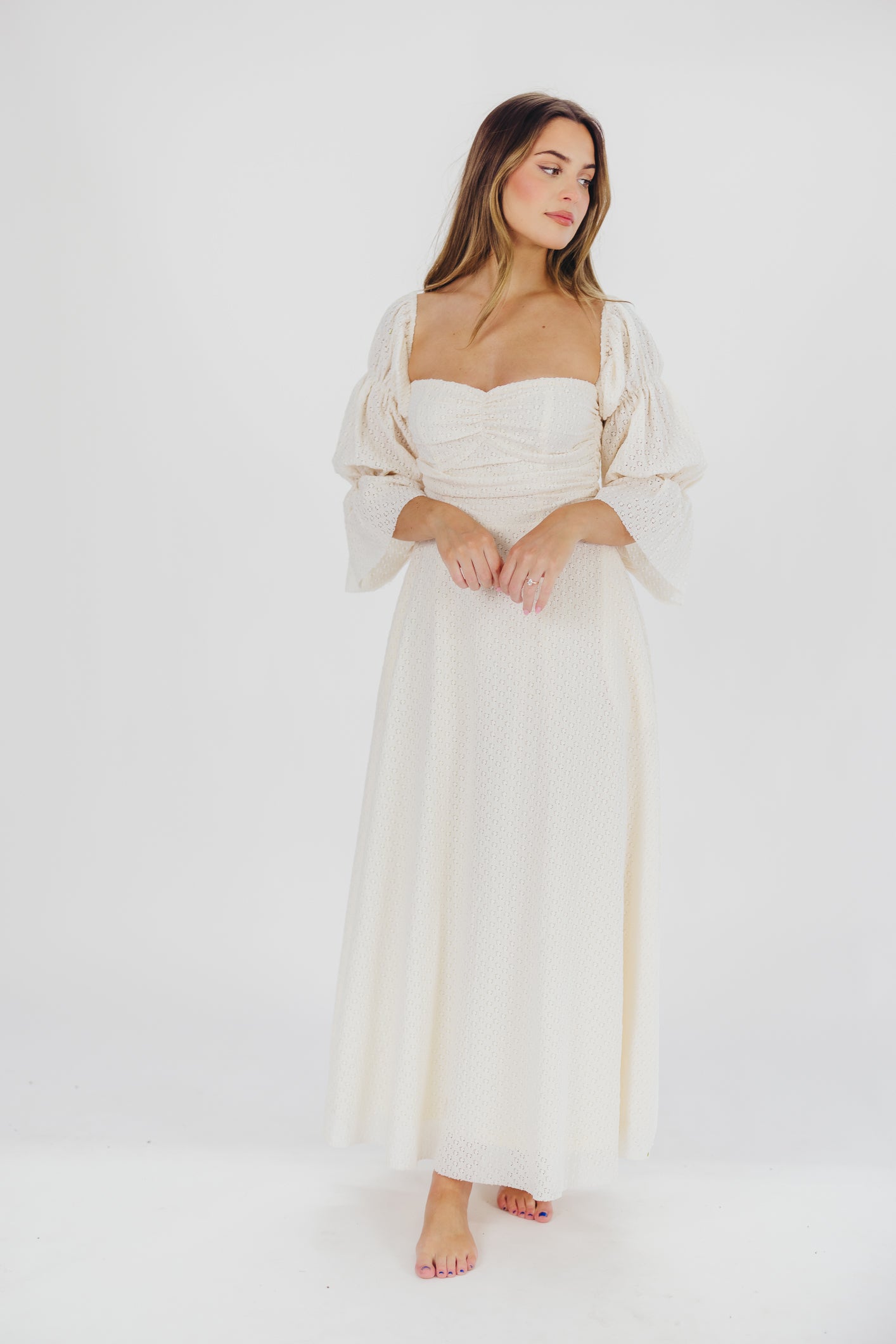 Corrine Tiered Sleeve Maxi Dress with Pockets in Ivory Cream - Bump Friendly Maternity Dress for Pregnancy, Nursing & Postpartum - Perfect for Baby Showers, Beach Vacations & Summer Weddings