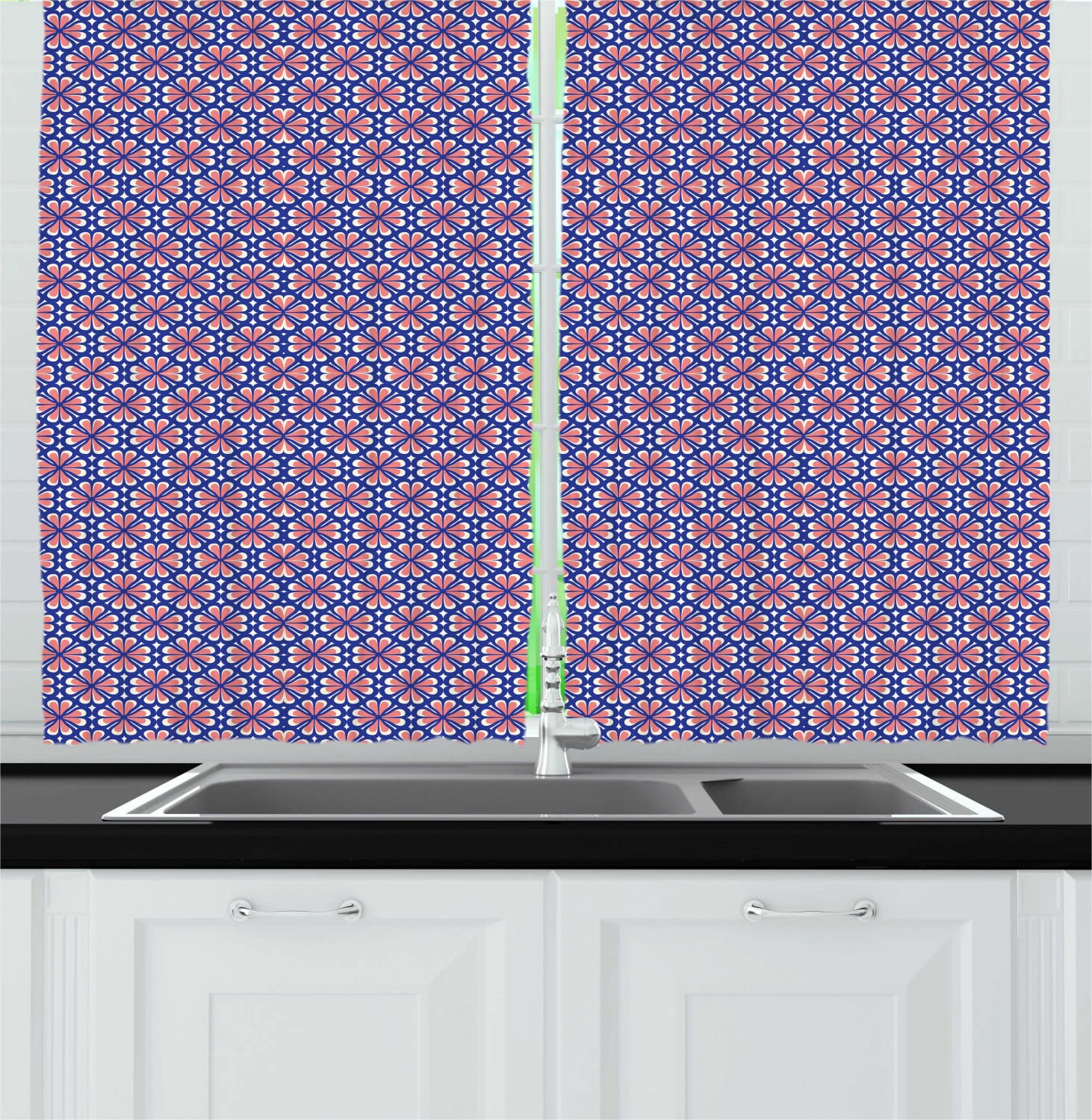 Ambesonne Retro Long Kitchen Curtains - Floral & Star Digital Print, Nostalgic Petals Design, 2-Panel Rod Pocket Drapes, 55