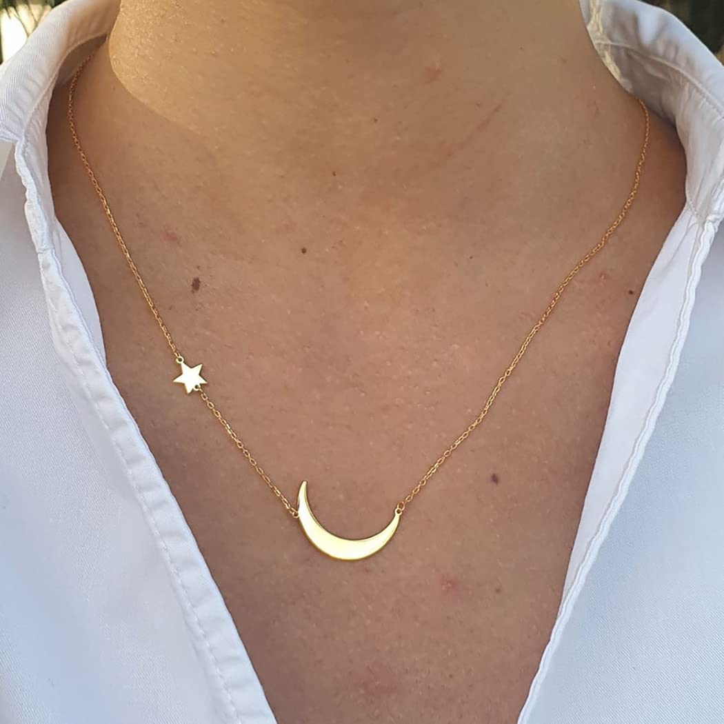 Tasiso 14K Gold Moon and Star Pendant Necklace for Women - Delicate Crescent Moon with Tiny Star Charm Minimalist Jewelry | Perfect for Everyday Wear, Gift Giving & Special Occasions