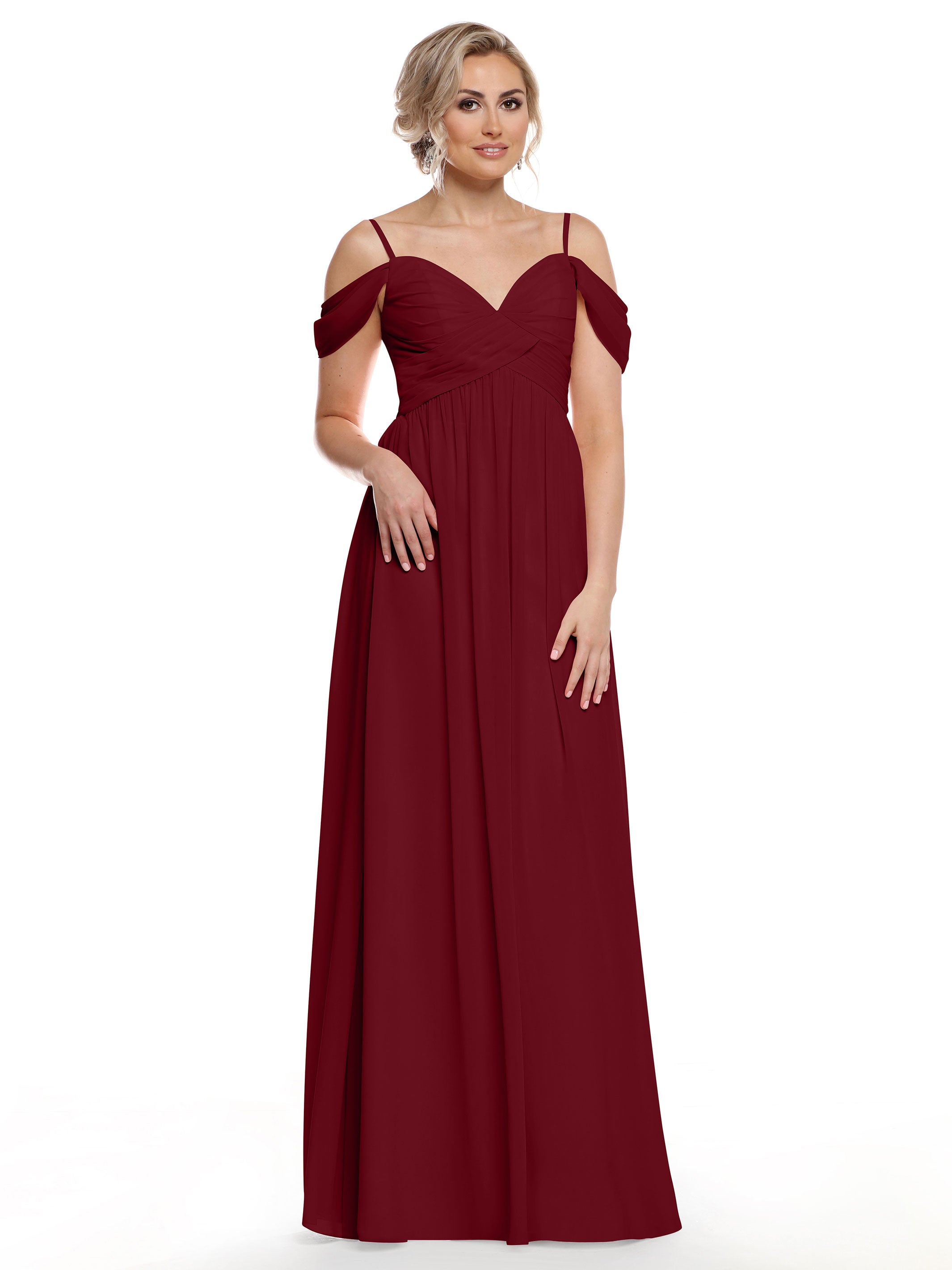 Elegant Off-the-Shoulder Chiffon Bridesmaid Dress with Spaghetti Straps - Flowy A-Line Formal Gown for Weddings, Parties & Special Occasions