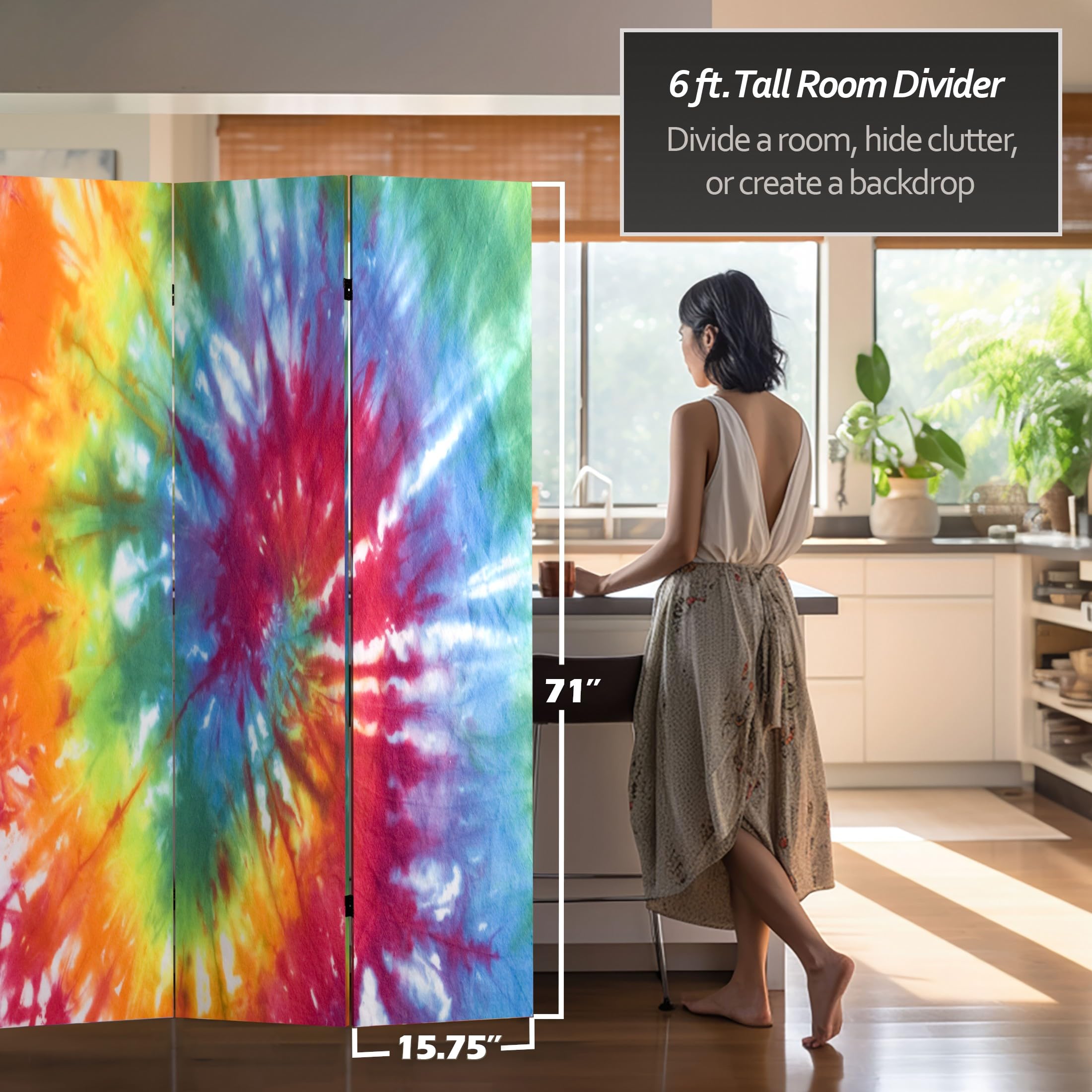 6 ft. Tall Red Lantern Double Sided Tie Dye Canvas Room Divider - 3 Panel Folding Privacy Screen for Bedroom, Office, or Event Decoration