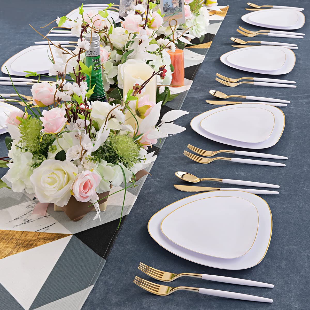 102-Piece Gold Plastic Silverware Set - Disposable Flatware with Dark Gold Handle (34 Forks, 34 Knives, 34 Spoons) + 60 Platinum Plastic Plates (30 Gold & 30 Dessert Plates) - Elegant Party Tableware for Weddings, Birthdays & Special Events