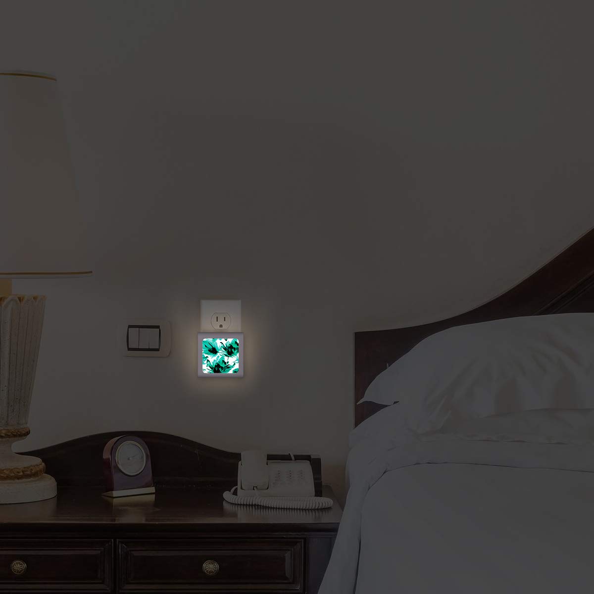 Dimmable LED Night Light with Auto On/Off Sensor, Adjustable Brightness & Warm White Light - Perfect for Bathroom, Hallway, Nursery, Bedroom - Green & Black Leaf Design (Home Safety & Energy Saving Nightlight)