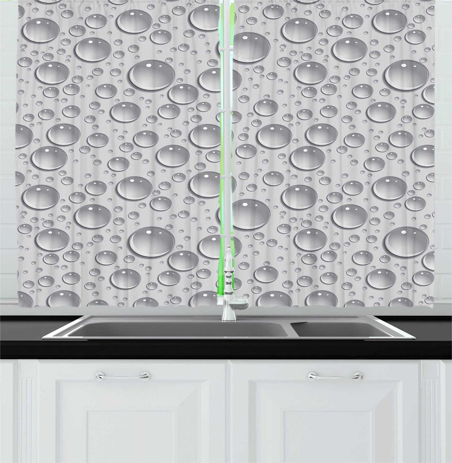 Ambesonne Grey Kitchen Curtains - Small & Large Bubbles Pattern, Water Liquid Design, Monochrome Aquatic Raindrops Window Drapes, 2 Panel Set for Kitchen & Cafe Decor, 55