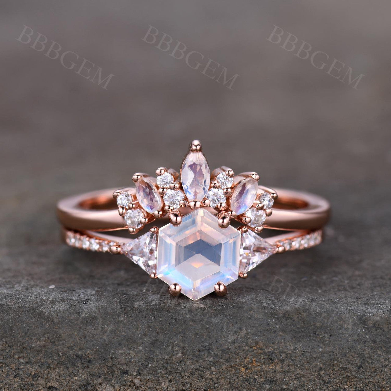 Hexagon Moonstone Engagement Ring Set 14K Rose Gold Wedding Band with Side Triangle Moissanite Diamonds - Perfect for Bridal Jewelry, Anniversary Gifts & Romantic Proposals