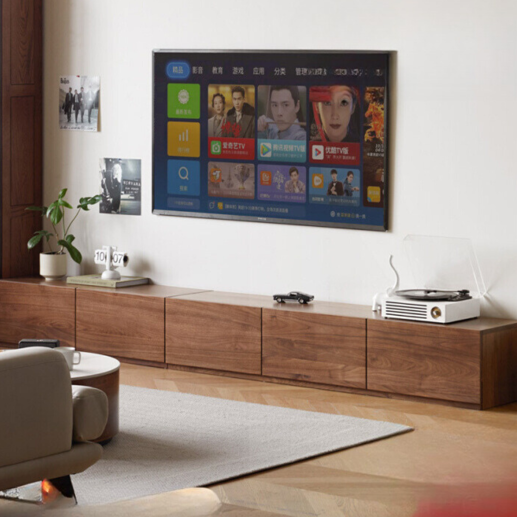 Premium Black Walnut & Ash Solid Wood TV Stand with Floor Splicing Design - Perfect for Living Room, Home Theater & Entertainment Center Setup