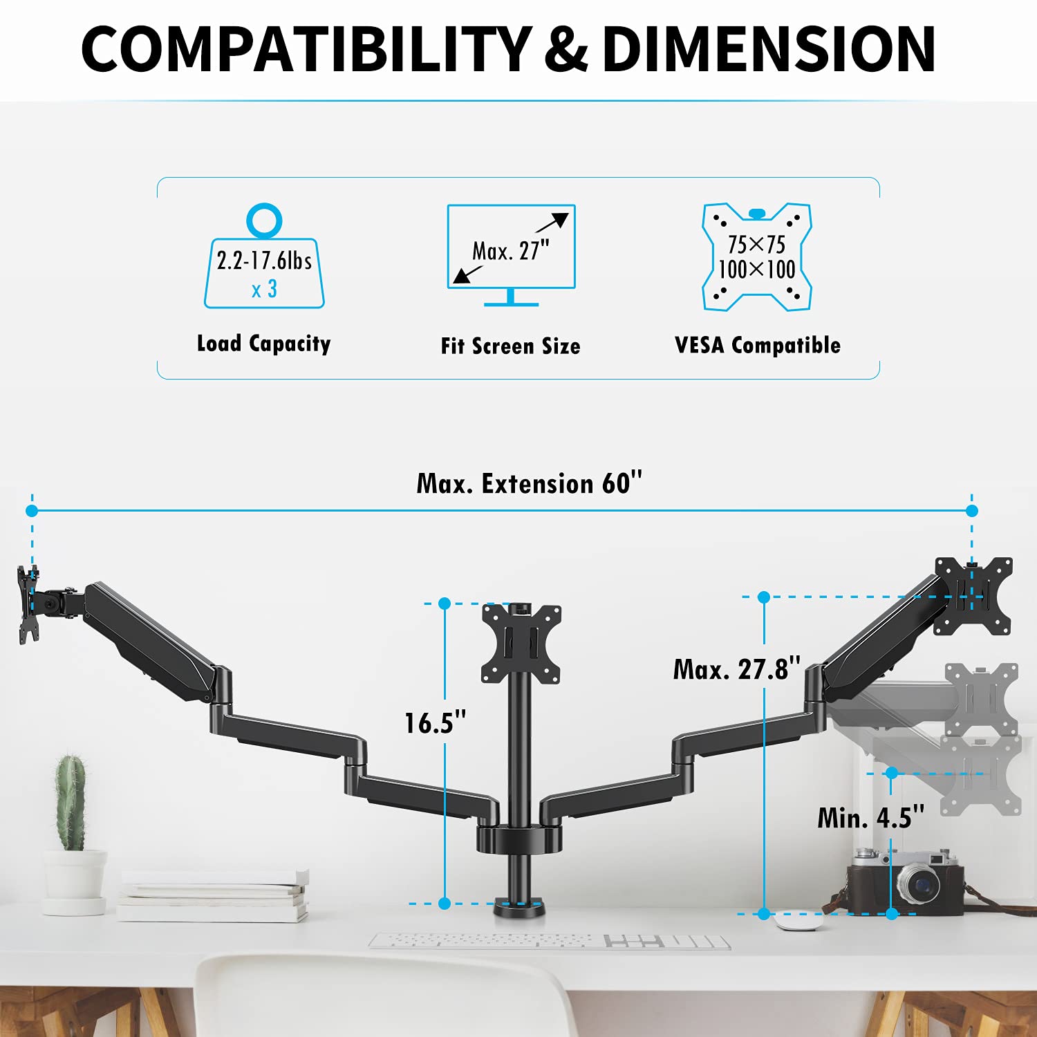 MOUNTUP Triple Monitor Stand Mount - Heavy Duty 3 Monitor Desk Mount for 27 Inch Screens, Gas Spring Monitor Arm Holds 17.6 lbs Each - Perfect for Gaming, Office & Home Workstations