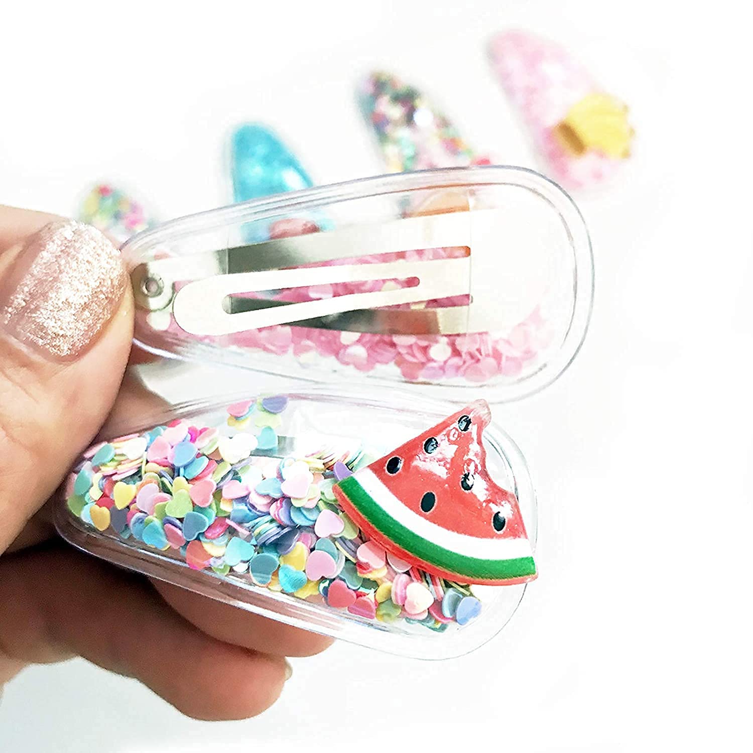 NAKAS 10PCS Sequins Snap Hair Clips for Girls - Non Slip Barrettes for Baby Girls, Toddlers & Teens - Transparent Shiny Fruit Cartoon Animal Hairpins - Elegant Glitter Hair Accessories for School, Party & Daily Use
