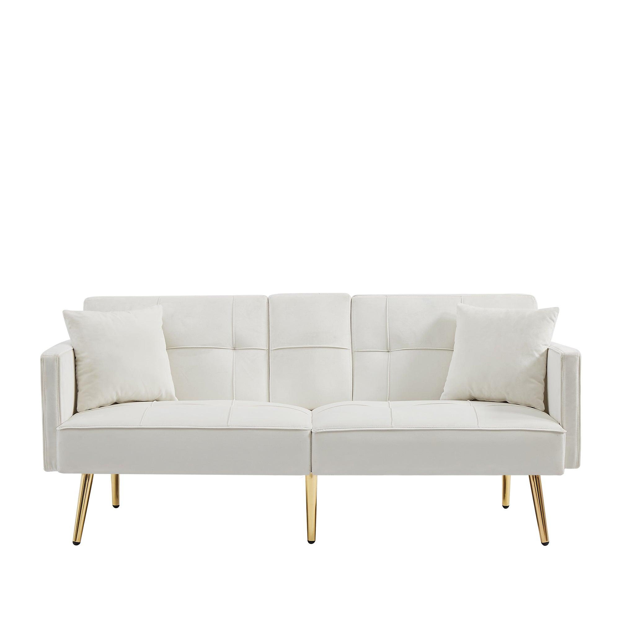 Cream White Velvet Futon Sofa Bed with Gold Metal Legs - Convertible Sleeper for Small Spaces, Living Room & Guest Room | Modern Comfort & Style