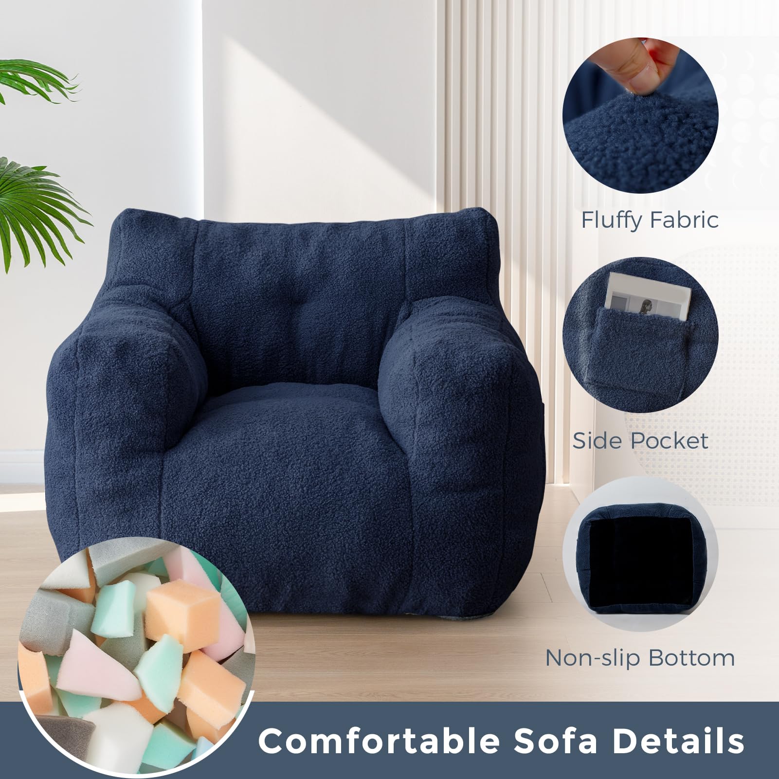 MAXYOYO Sherpa Bean Bag Chair - Soft Boucle Tufted Bean Bag Couch for Living Room, Bedroom & Game Room - Comfortable Lazy Sofa for Adults & Kids in Navy Blue - Perfect for Relaxing, Reading & Movie Nights