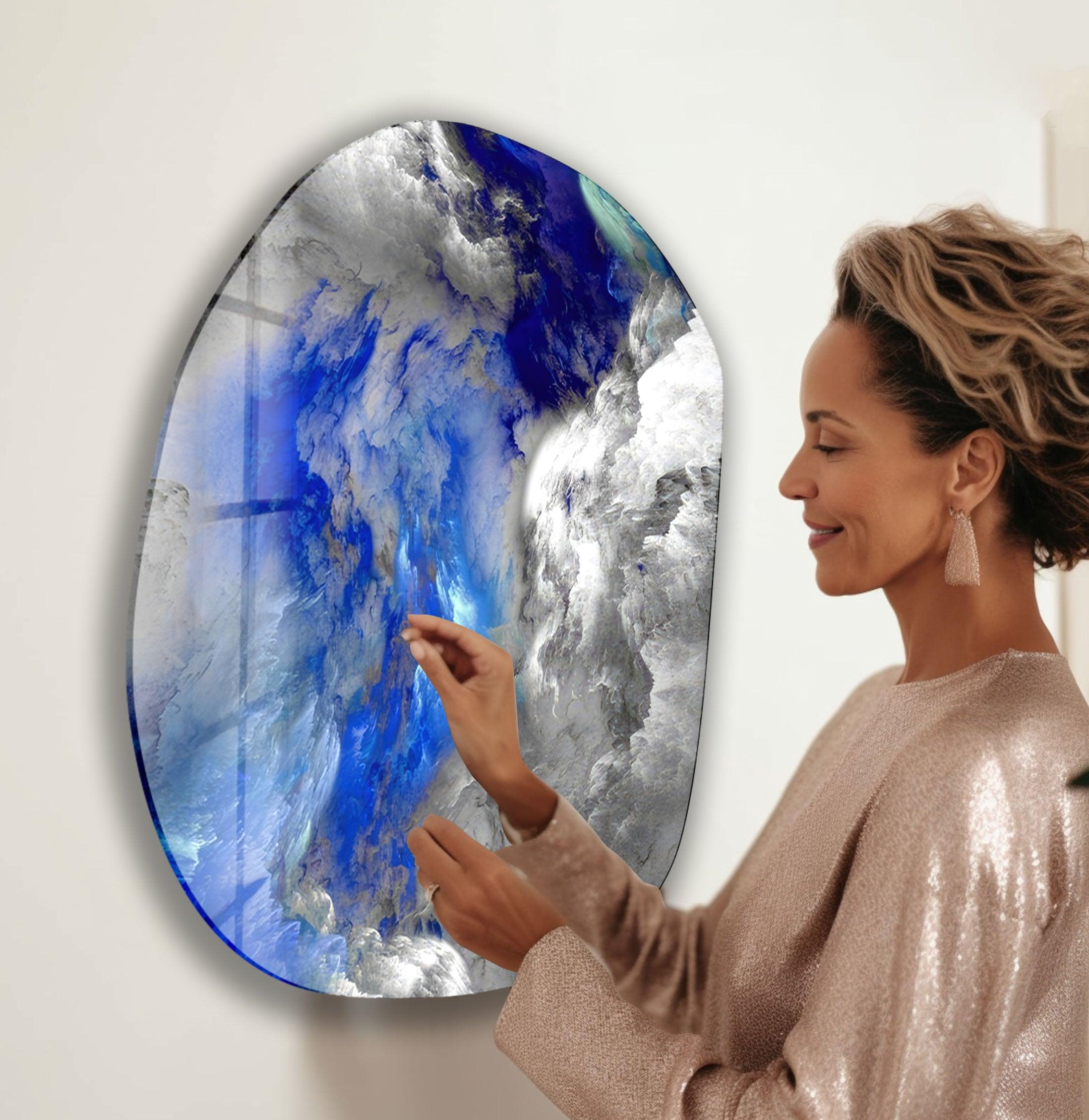 Blue & Grey Abstract Glass Wall Art - Modern Handmade Glass Painting for Living Room, Bedroom & Office Decor - Unique Home & Interior Design Gift Idea