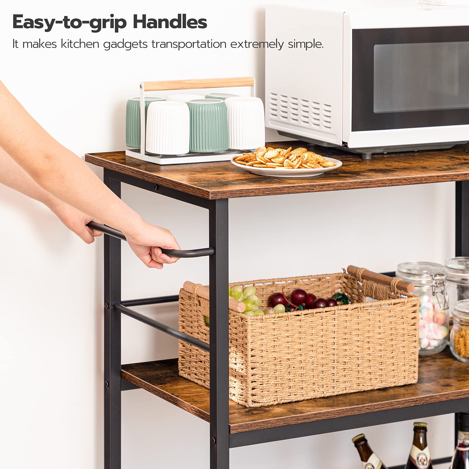 HOOBRO Industrial Kitchen Island Cart with Storage, 3-Tier Rolling Kitchen Counter with Hooks & Side Enclosures, Large Workstation - Space Saving, Easy Assembly, Rustic Brown & Black (BF03ZD01) - Perfect for Small Kitchens, Food Prep & Extra Counter Space