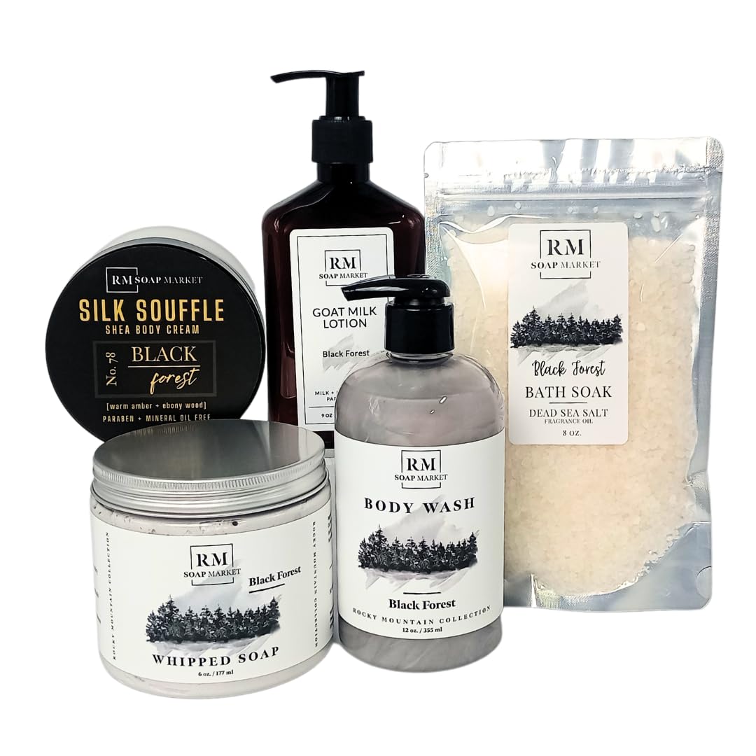 Black Forest Collection - Luxurious Bath & Body Gift Set for Men & Women | Includes Bath Oil, Whipped Soap, Blue Spruce Hand & Heel Scrub, Silk Soufflé | Amber Scented Self Care Kit for Spa Nights & Relaxation