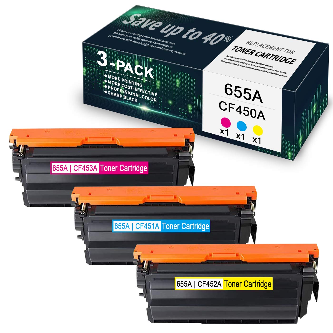 3-Pack 655A CF451A CF452A CF453A (1C/1M/1Y) Compatible Toner Cartridges Replacement for HP Color Enterprise M653x M682z M681dh M652n M681f M653dn Printers - High-Yield Printing for Office & Business Documents