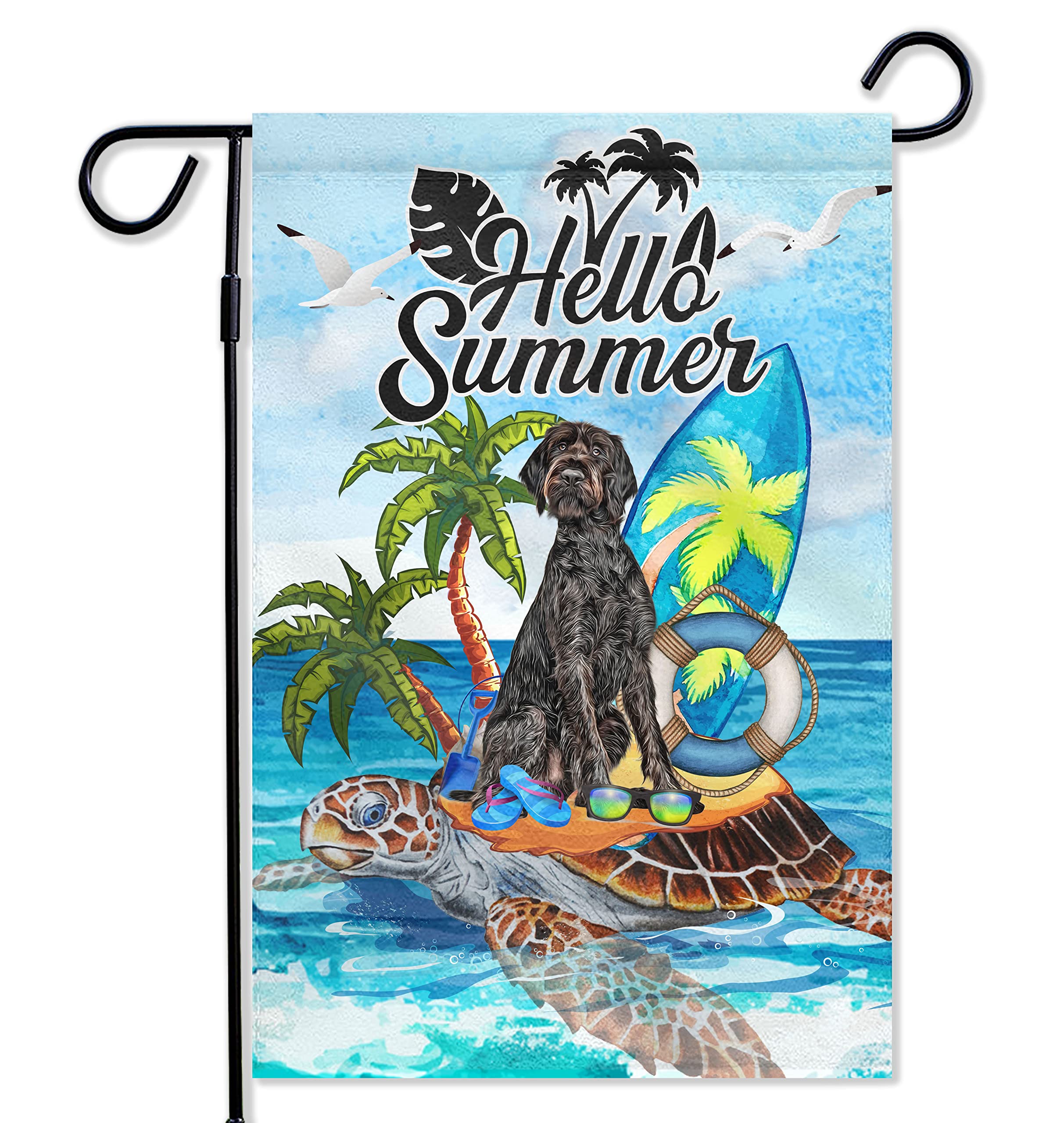 German Wirehaired Pointer Welcome Turtle Double-Sided Garden Flag 12x18 Inch - Summer Tropical Ocean Theme Outdoor Decor for Yard, Housewarming Gift, Coastal & Lake House Scenes
