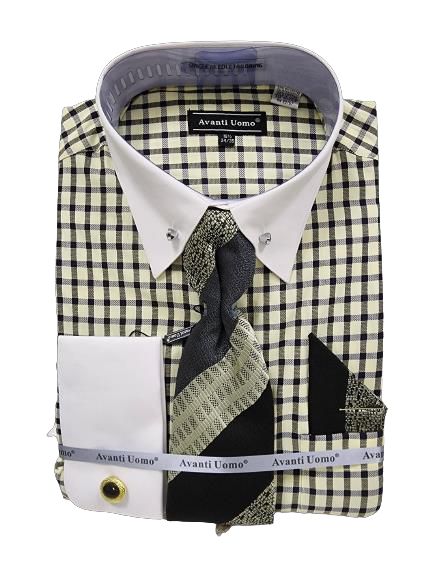 AVANTI UOMO Men's Black Window Pane White Cuff Dress Shirt with Stone Collar Bar DN128M - Perfect for Business Meetings, Weddings & Formal Events