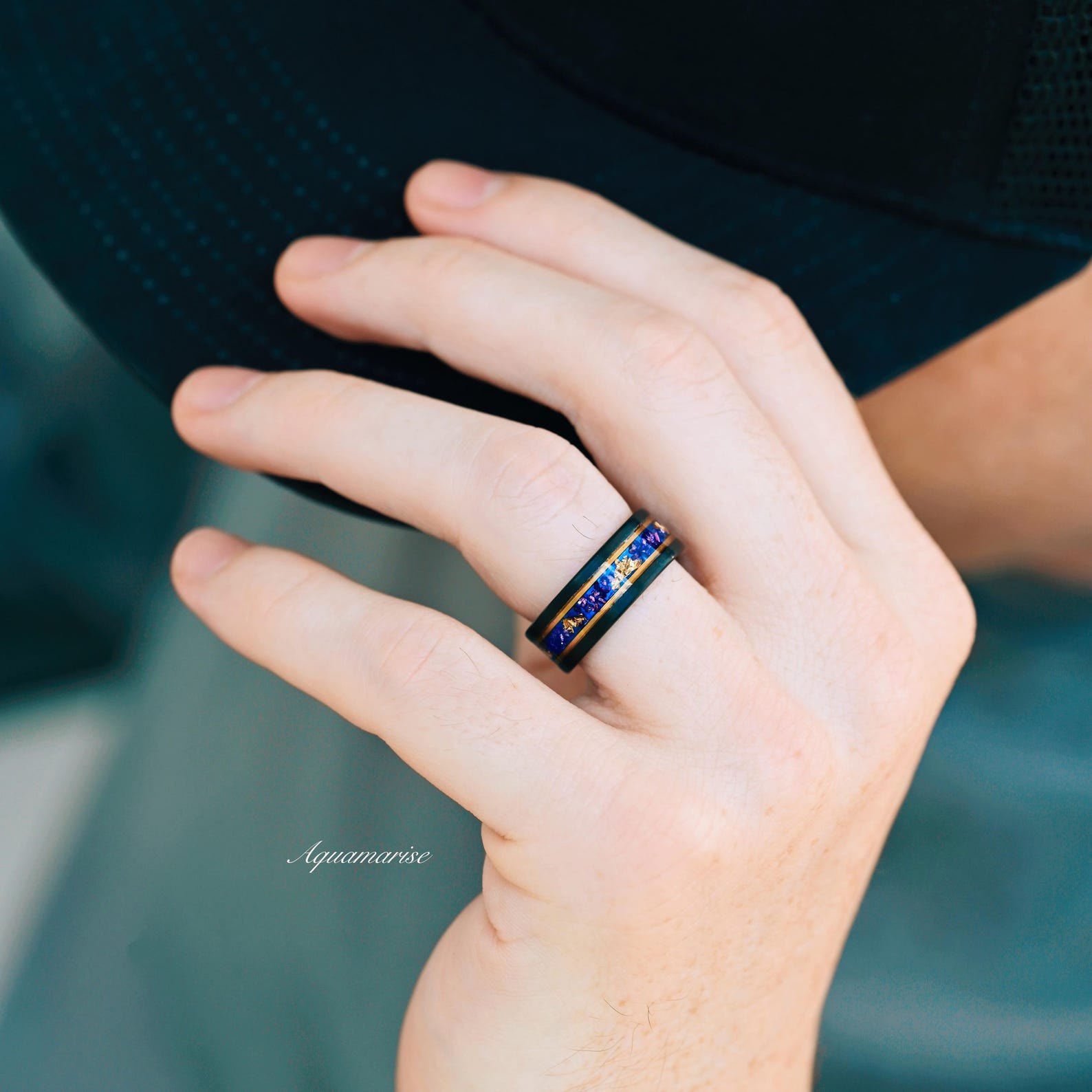 Blue Sapphire & Gold Leaf Wedding Band - 8mm Black Tungsten Ring for Men - Elegant & Durable Wedding Jewelry for Grooms, Anniversaries & Special Occasions