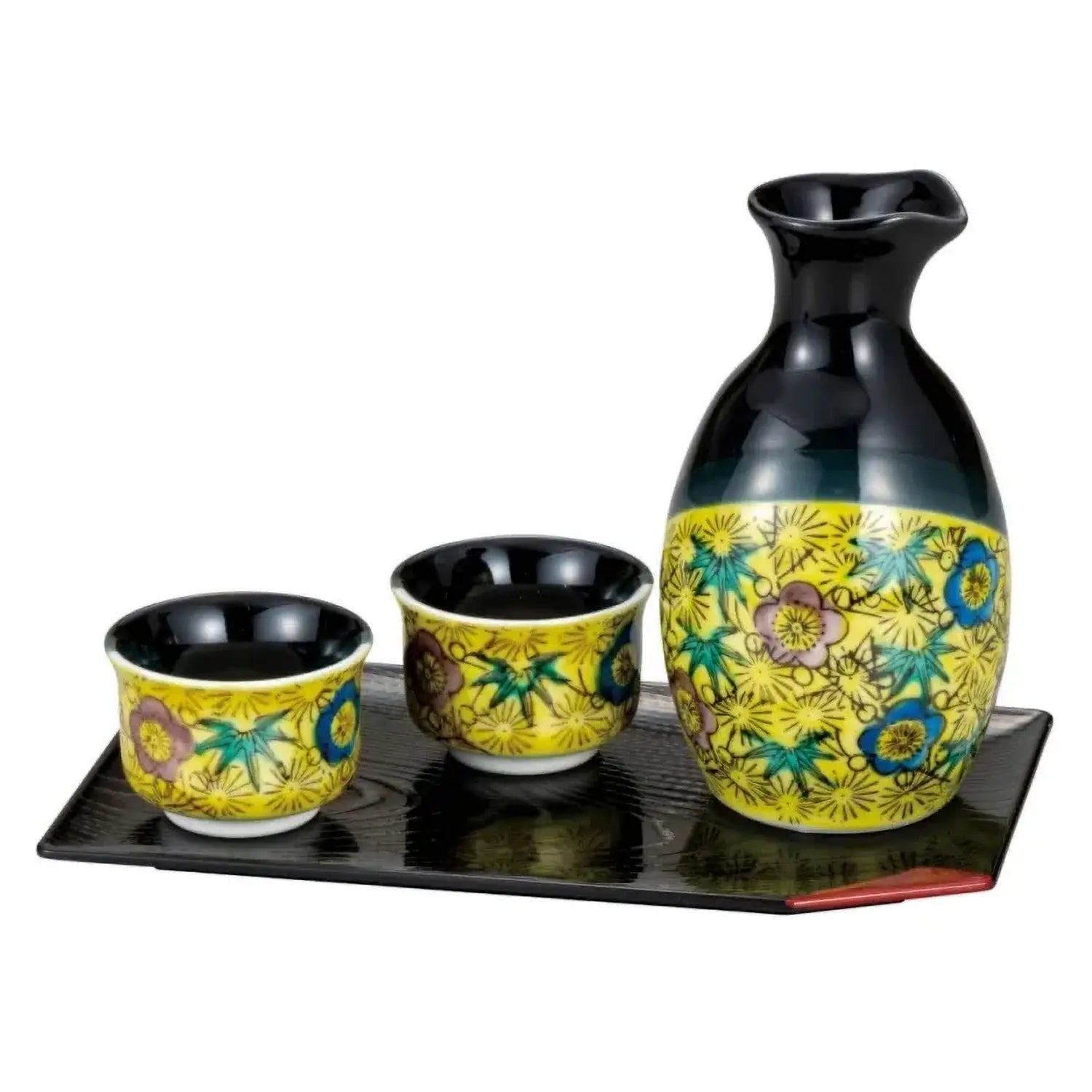 Authentic Japanese Kutani Ware Porcelain Sake Set - Yoshidaya Shochikubai Design - Traditional Sake Cups & Decanter - Perfect for Japanese Tea Ceremonies, Gift Giving & Home Decor