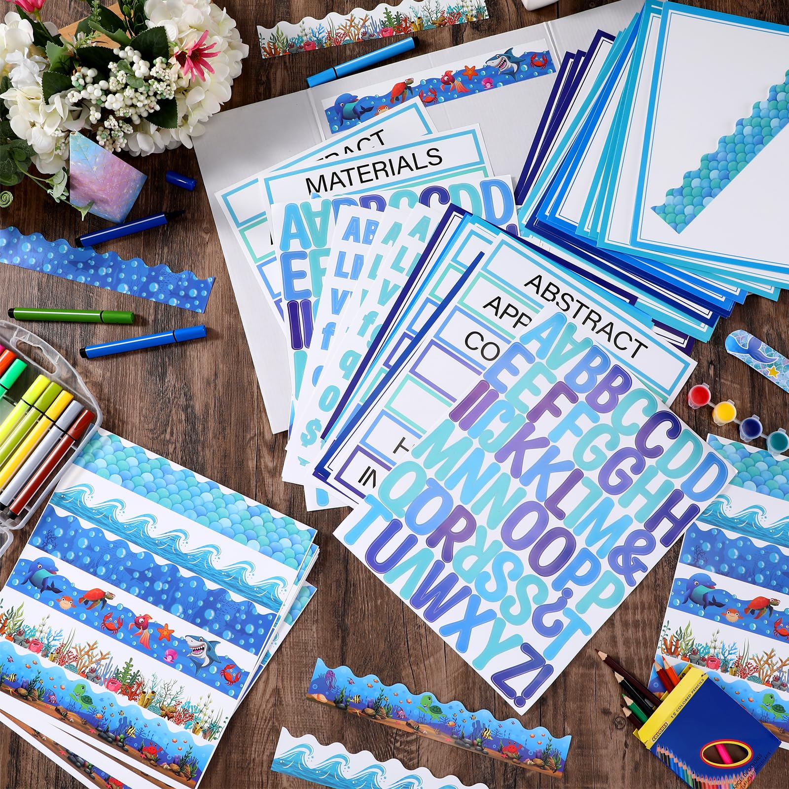 96 Pcs Science Fair Board Kit - Self-Adhesive Titles, Subtitles & Borders for School Projects (Ocean Theme) | Classroom & STEM Display