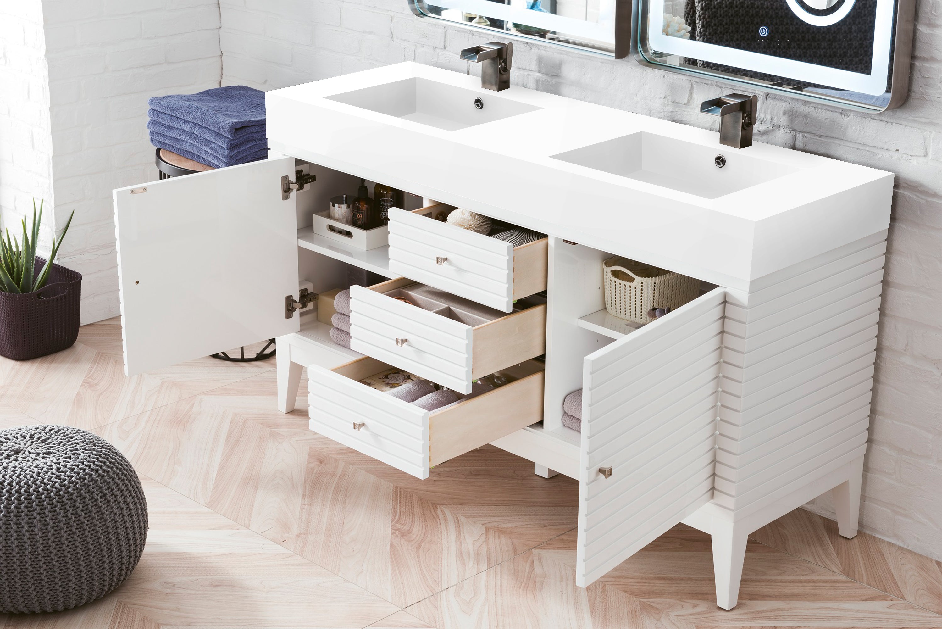 Glossy White Linear 59-Inch Double Vanity with Composite Top - Modern Bathroom Vanity for Master Bath & Guest Bathroom Renovation