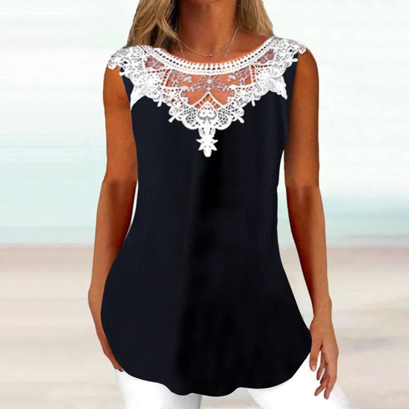 Oelaio Women's Loose Fit Lace Summer Tank Top - Trendy Scoop Neck Sleeveless Hollow Out Tunic with Printed Curved Design in Black | Perfect for Beach Outfits, Casual Wear & Summer Vacations