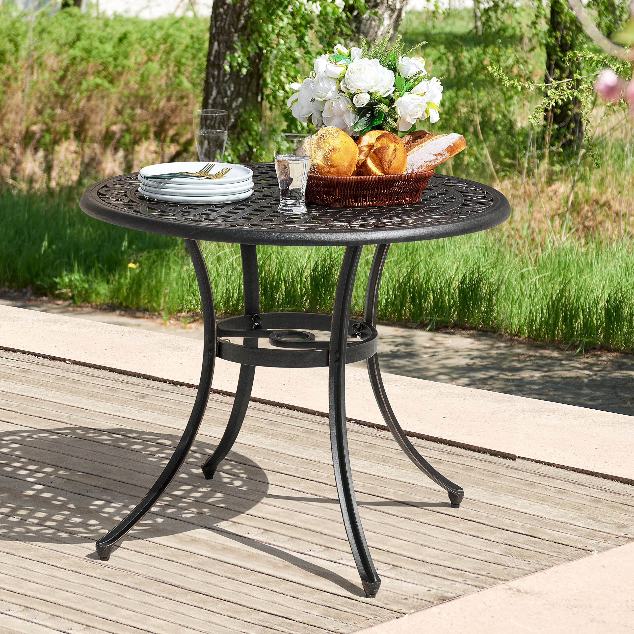 36 Inch Outdoor Patio Dining Table with Umbrella Hole - Durable Cast Aluminum Bistro Table in Black & Antique Bronze Finish - Perfect for Garden, Backyard, Poolside or Restaurant Outdoor Seating