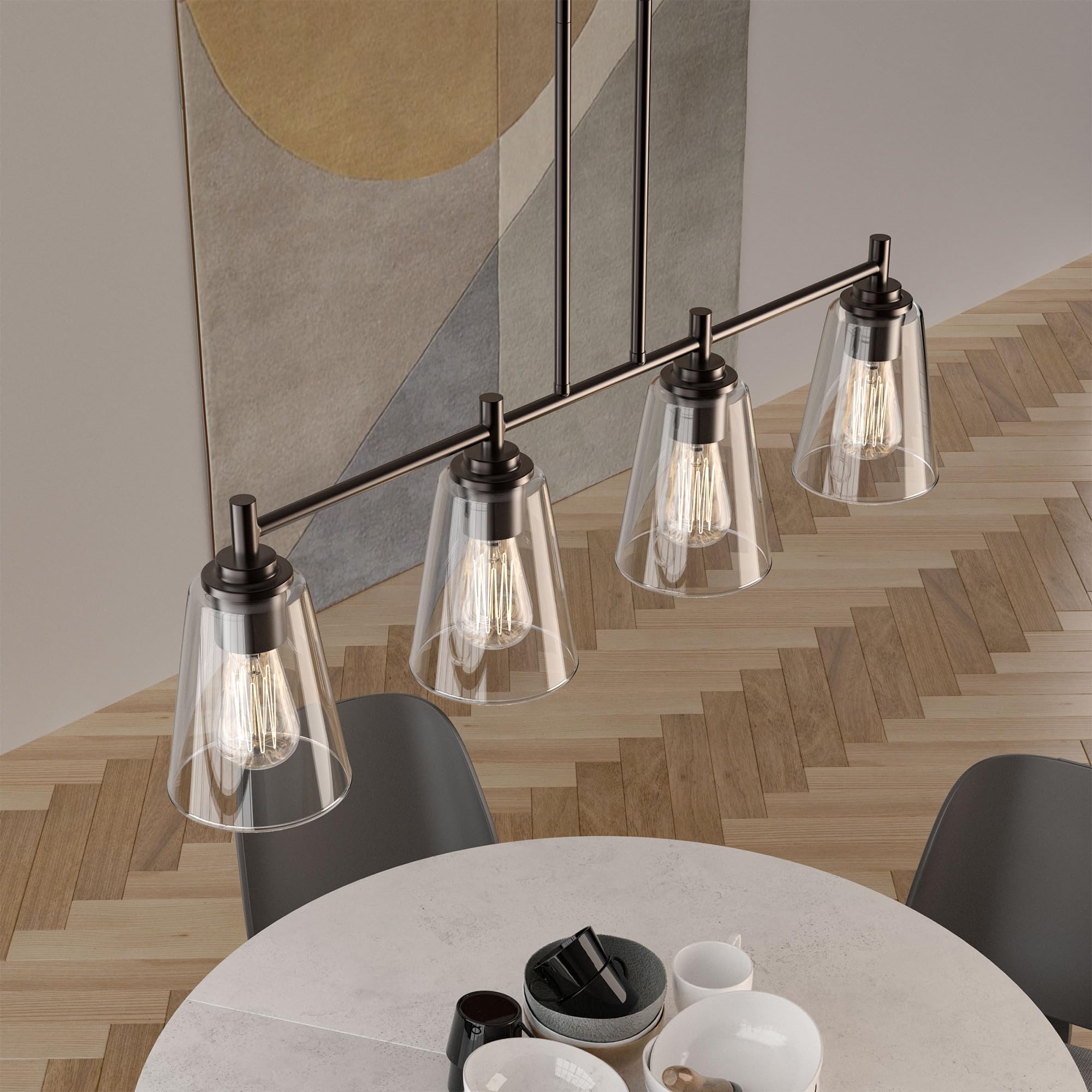 LEDMyplace 4-Light Linear Pendant Light Fixture - Oil Rubbed Bronze Farmhouse Chandelier with Clear Glass Shades - E26 Base (Bulbs Not Included) - Perfect for Kitchen Island, Dining Room, Bedroom & Modern Farmhouse Decor