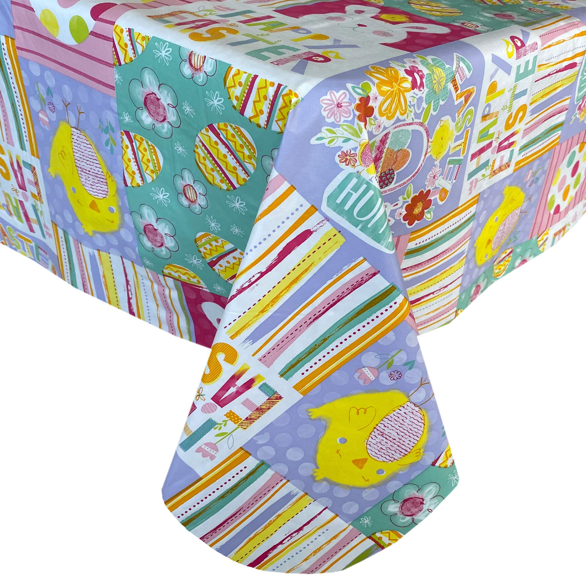 Newbridge Bunny Whimsy Easter & Spring Vinyl Flannel Tablecloth - Colorful Bunny, Egg & Basket Design, Wipe Clean Easy Care, 52x52 Inch Square - Perfect for Easter Brunch, Spring Parties & Holiday Decor