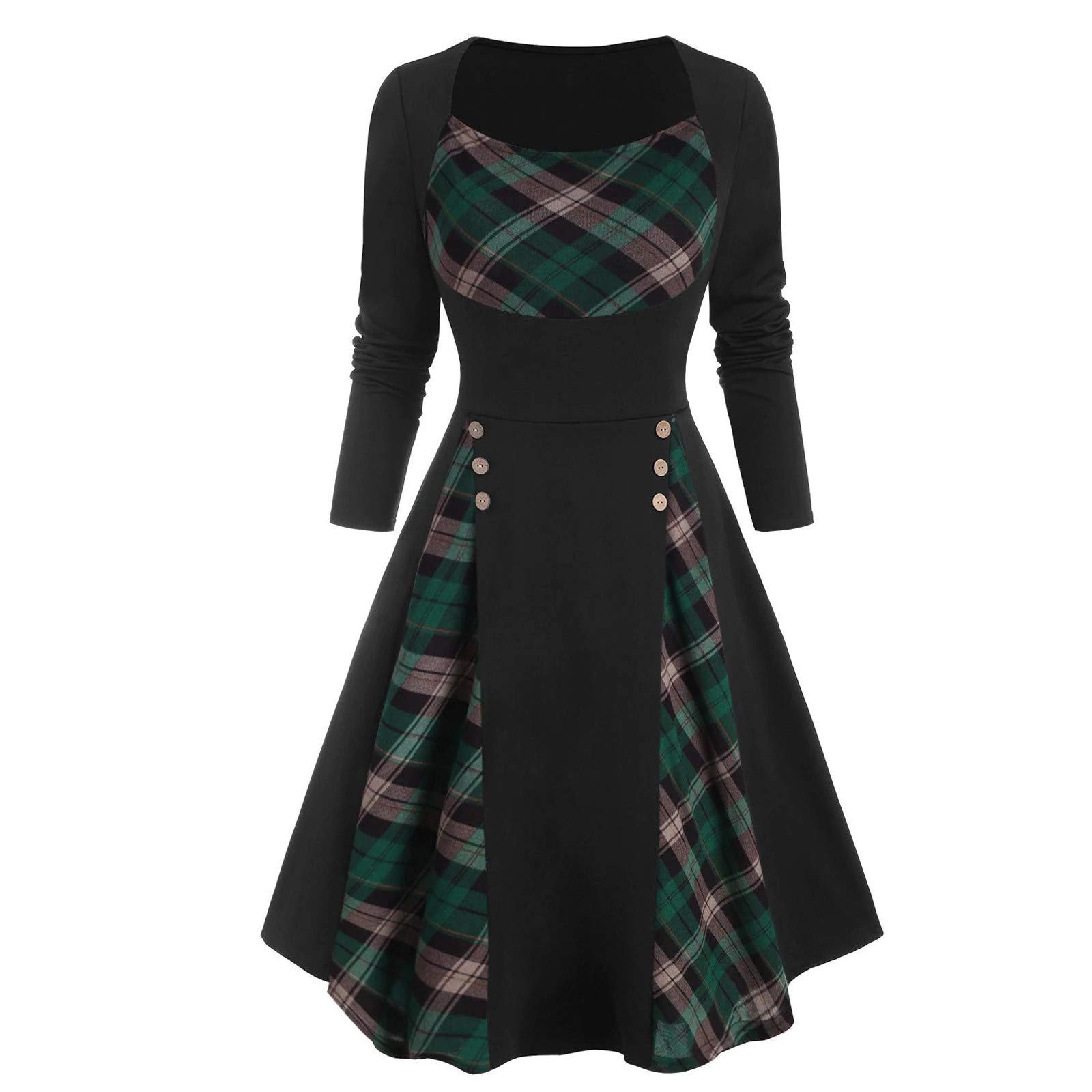 Women's Plus Size A-Line Summer Dress with Plaid Insert & Mock Buttons - Long Sleeve Casual Dress for Work, Date Night & Special Occasions