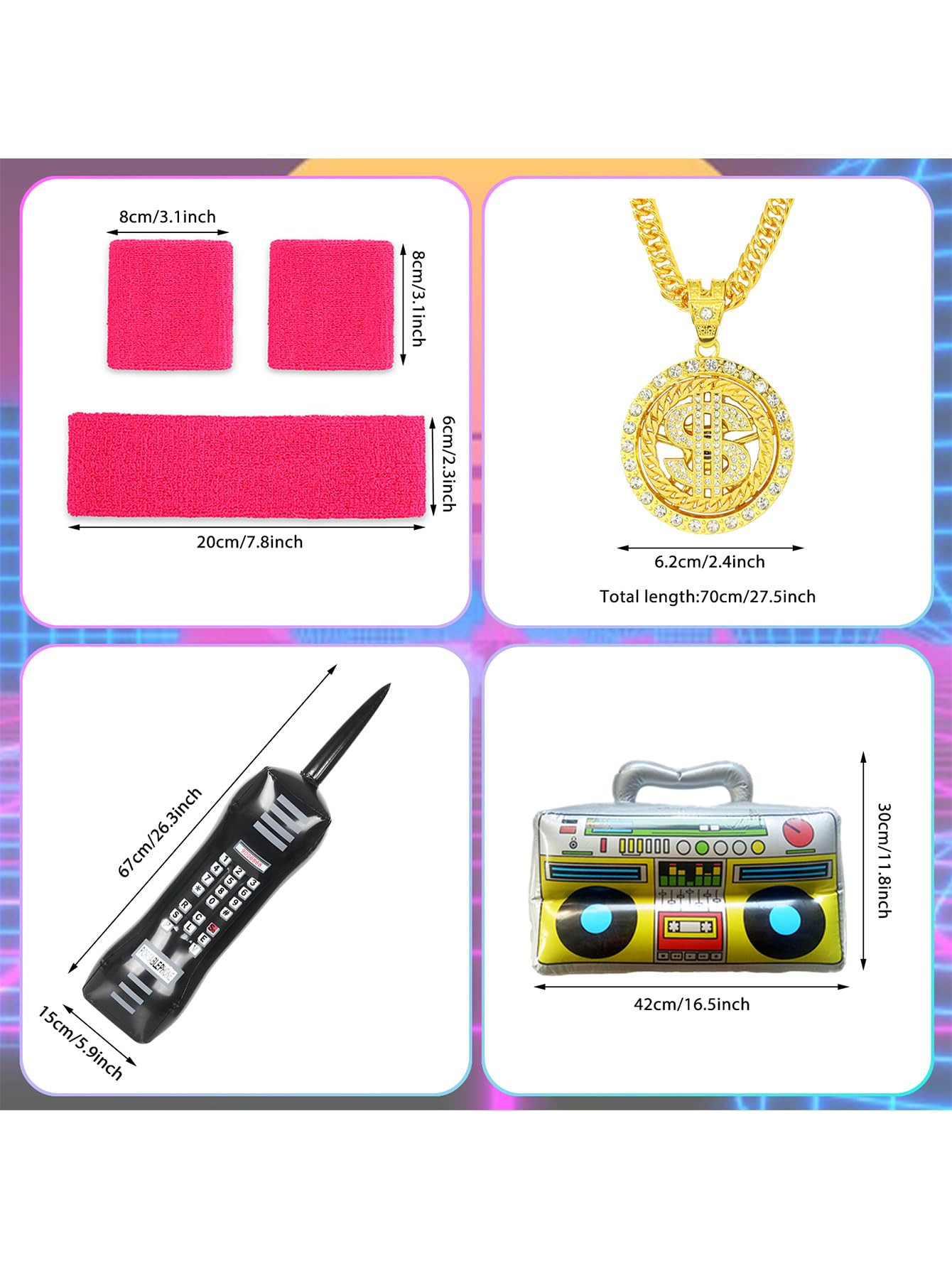 80s Tracksuit Costume with Phone, Radio, Glasses, Headband, Necklace, Ring & Bracelet - Retro Rockstar Outfit for Halloween, Carnival, Neon Theme Party & 80s Dress Up