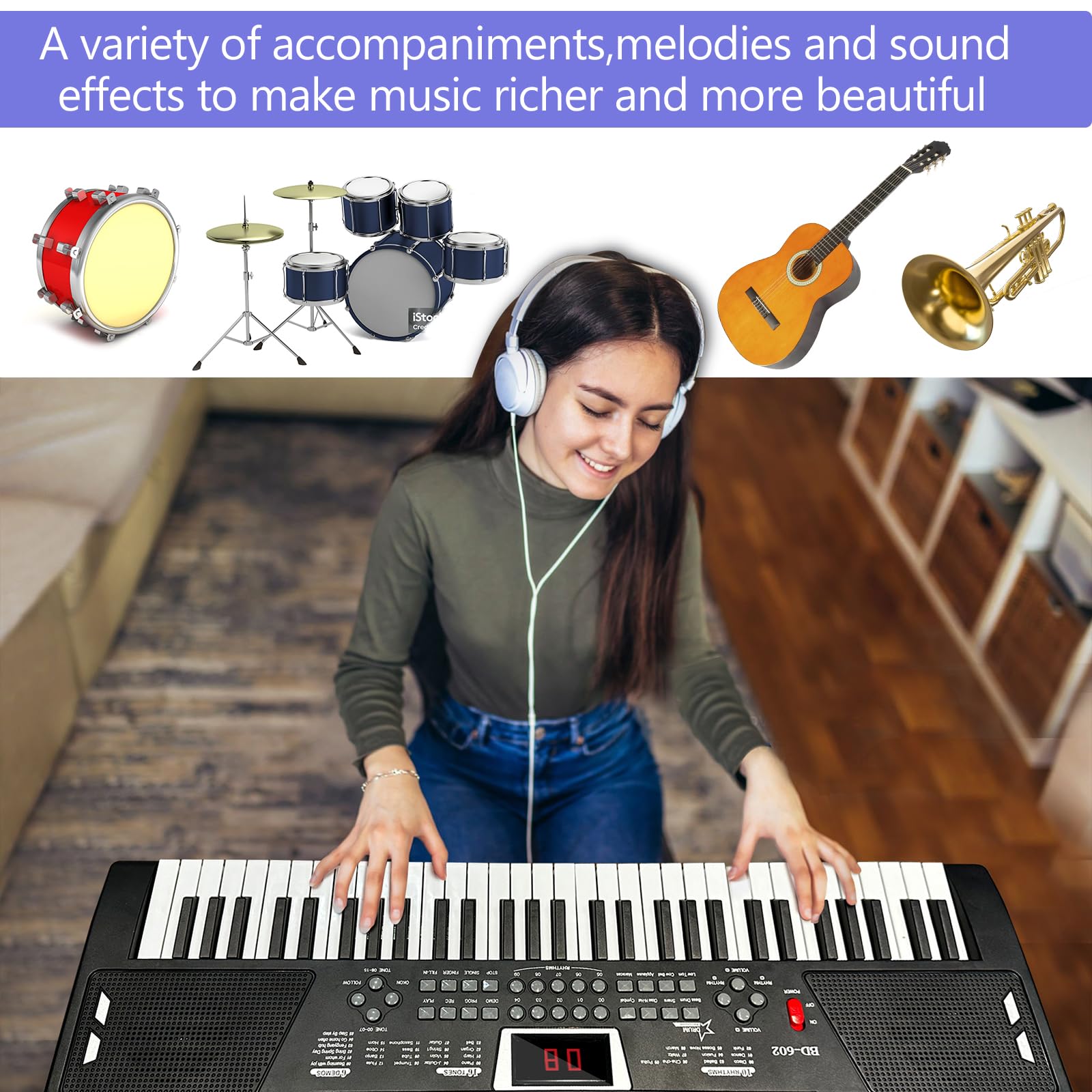 61-Key Electronic Keyboard Piano for Kids & Beginners - Portable Digital Piano with Built-In Speaker, Microphone, Music Stand & Power Adapter - Perfect for Home Learning, Music Practice & Gift Giving