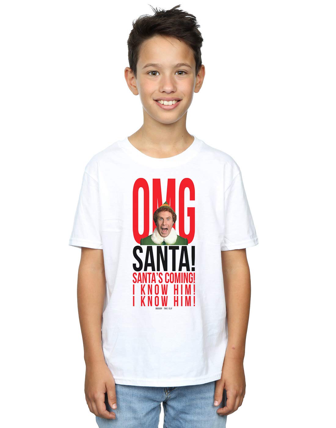 ABSOLUTECULT Elf Boys 'OMG Santa I Know Him' Christmas T-Shirt - White, Size 12-13 Years | Festive Holiday Outfit for Kids, Christmas Party & Family Gatherings