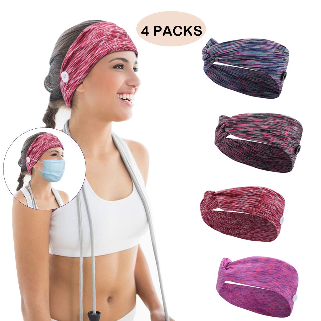 Women's Button Headbands with Ear Protection - Boho Elastic Hair Bands for Yoga, Running & Workouts - Moisture-Wicking Sweatband Head Wraps - Perfect Gift for Active Friends (Great for Gym, Sports & Outdoor Activities)