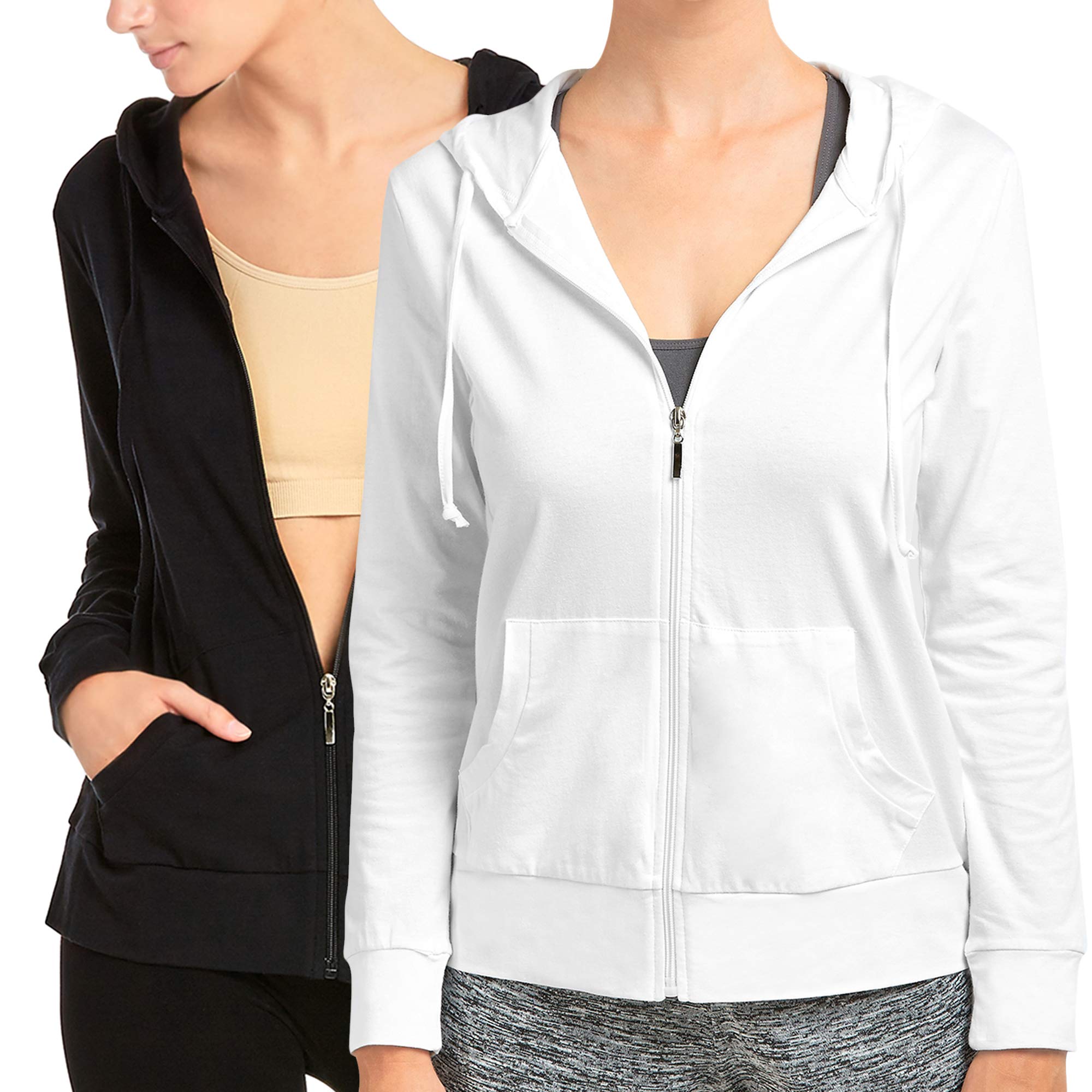Women's Lightweight Cotton Blend Long Sleeve Zip Up Hoodie Jacket (2-Pack, Black & White, Small) - Soft Pullover for Casual Wear, Gym, Travel & Layering
