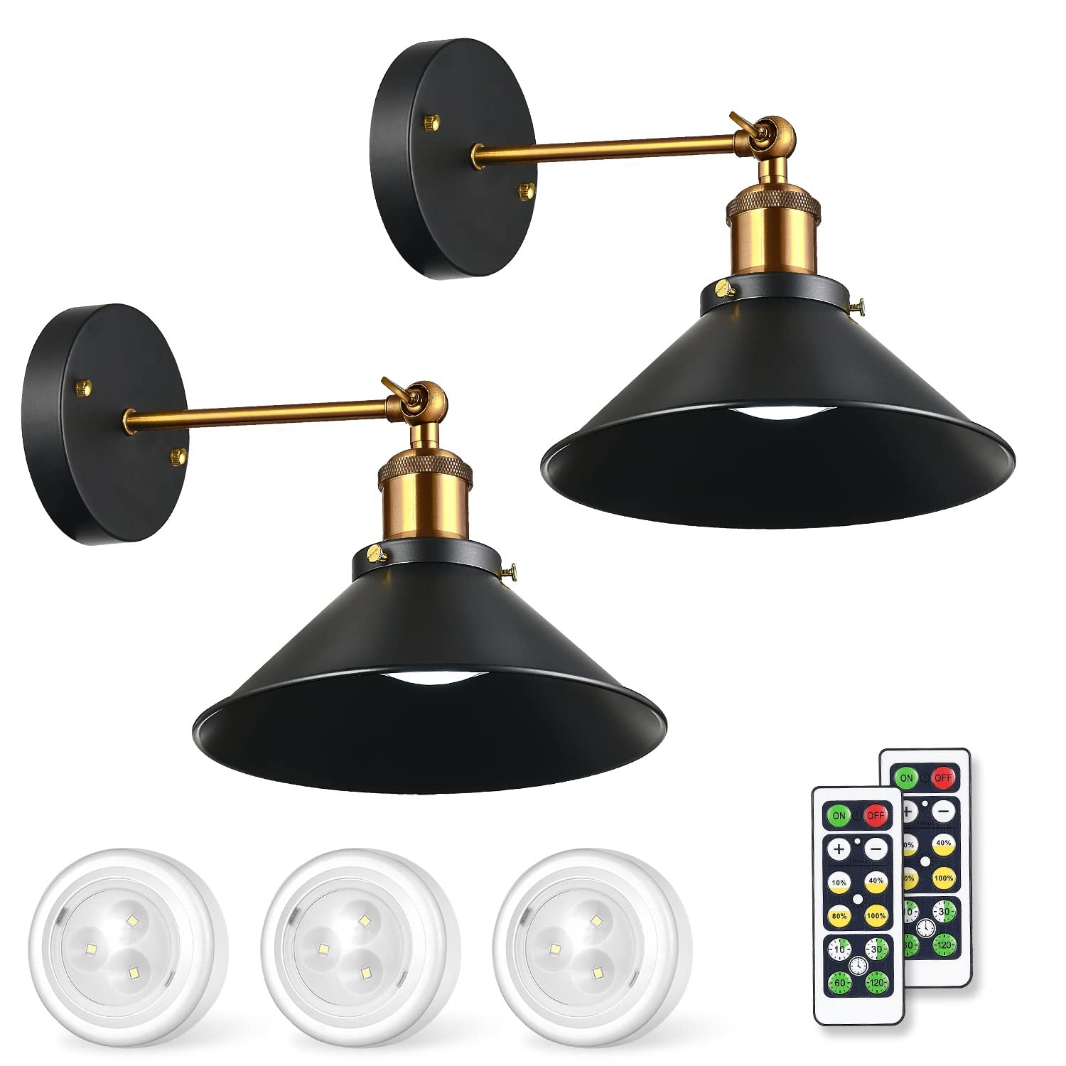 Battery Operated Wall Sconces Set of 2 - Wireless Remote Control Wall Lights for Bedroom, Gallery, Living Room & Hallway - Black Modern Sconce Lighting for Home Decor