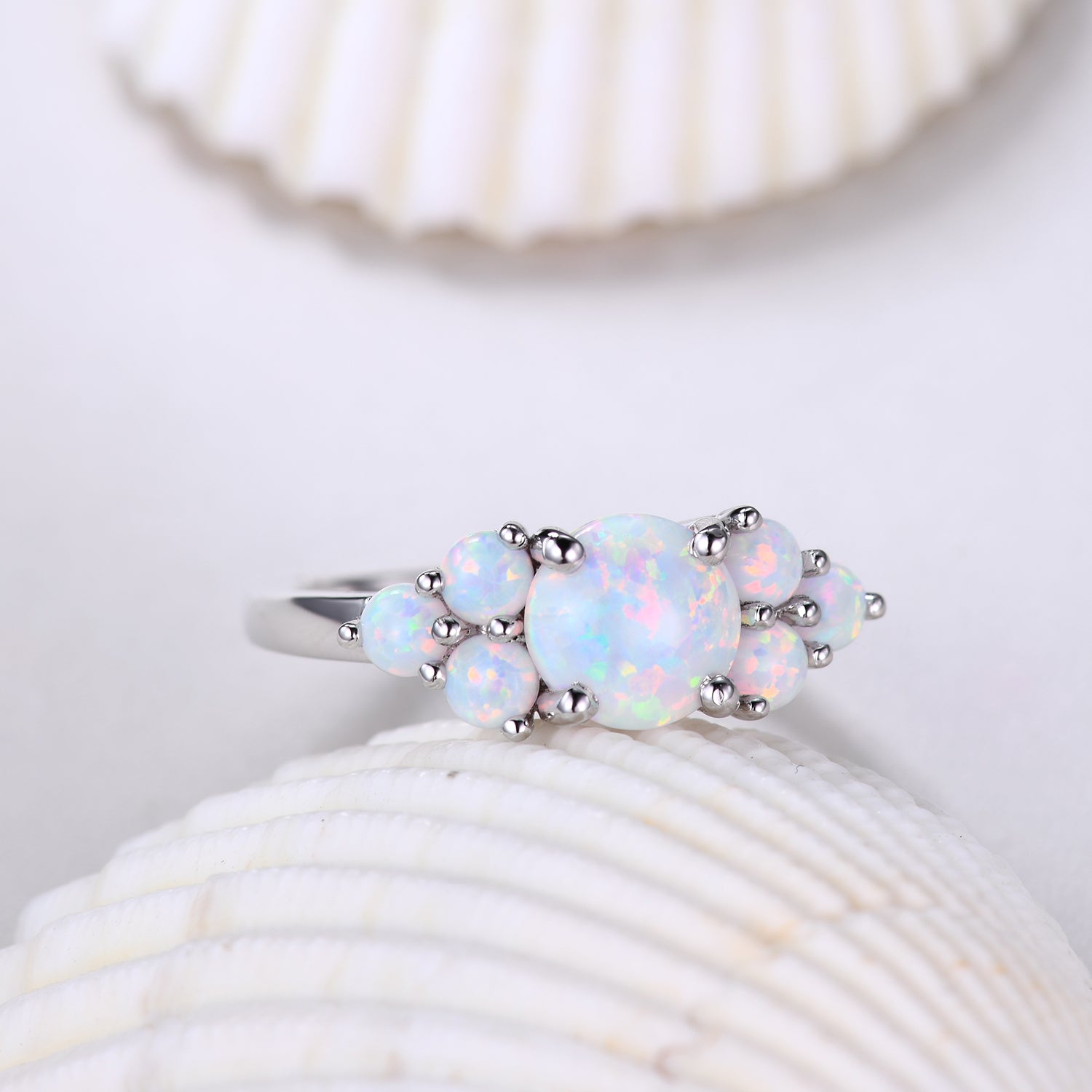 7mm Round White Opal Engagement Ring in 14K White Gold with Diamond Accents - Elegant Wedding Band, Promise Ring & Anniversary Gift for Her