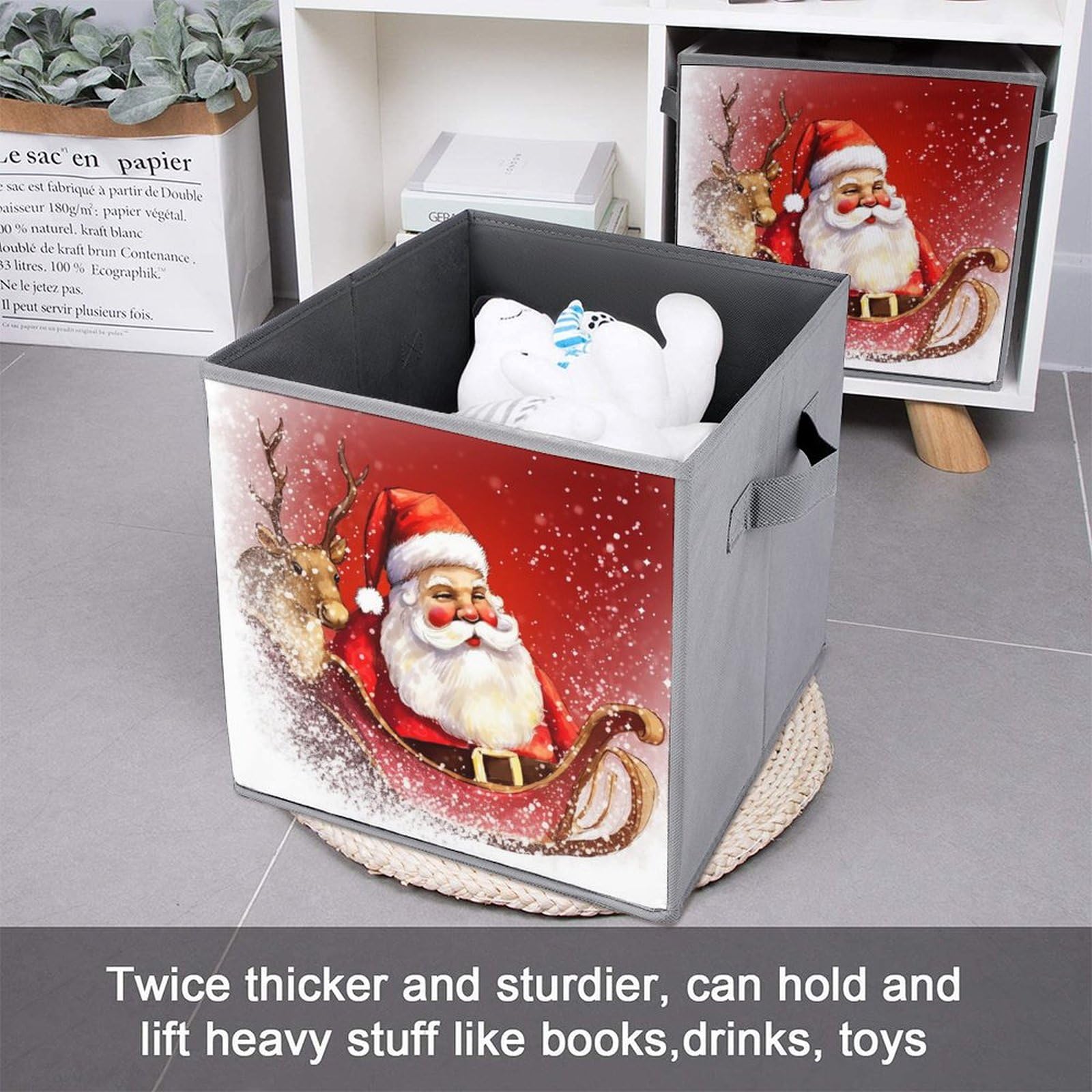 6-Piece Collapsible Christmas Santa Claus Printed Storage Bins with Handles - Foldable Organizing Baskets for Shelves, Closet & Home Organization | Holiday Decor Storage, Toy Organizer, Household Essentials
